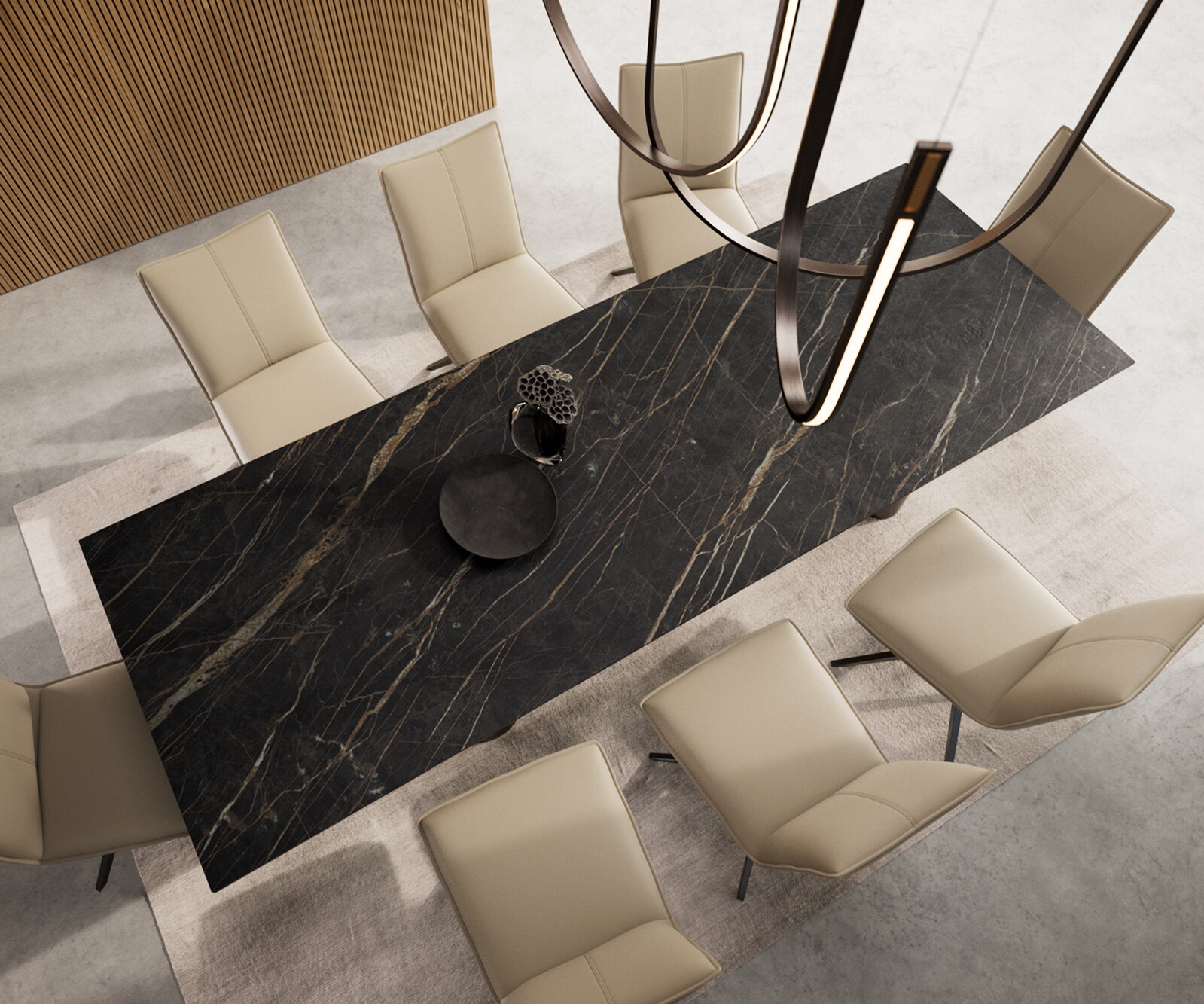 Eetkamertafel Edge 300x100 keramiek Laminam®Noir Desir bruin Pilier roestvrij staal grafiet 5