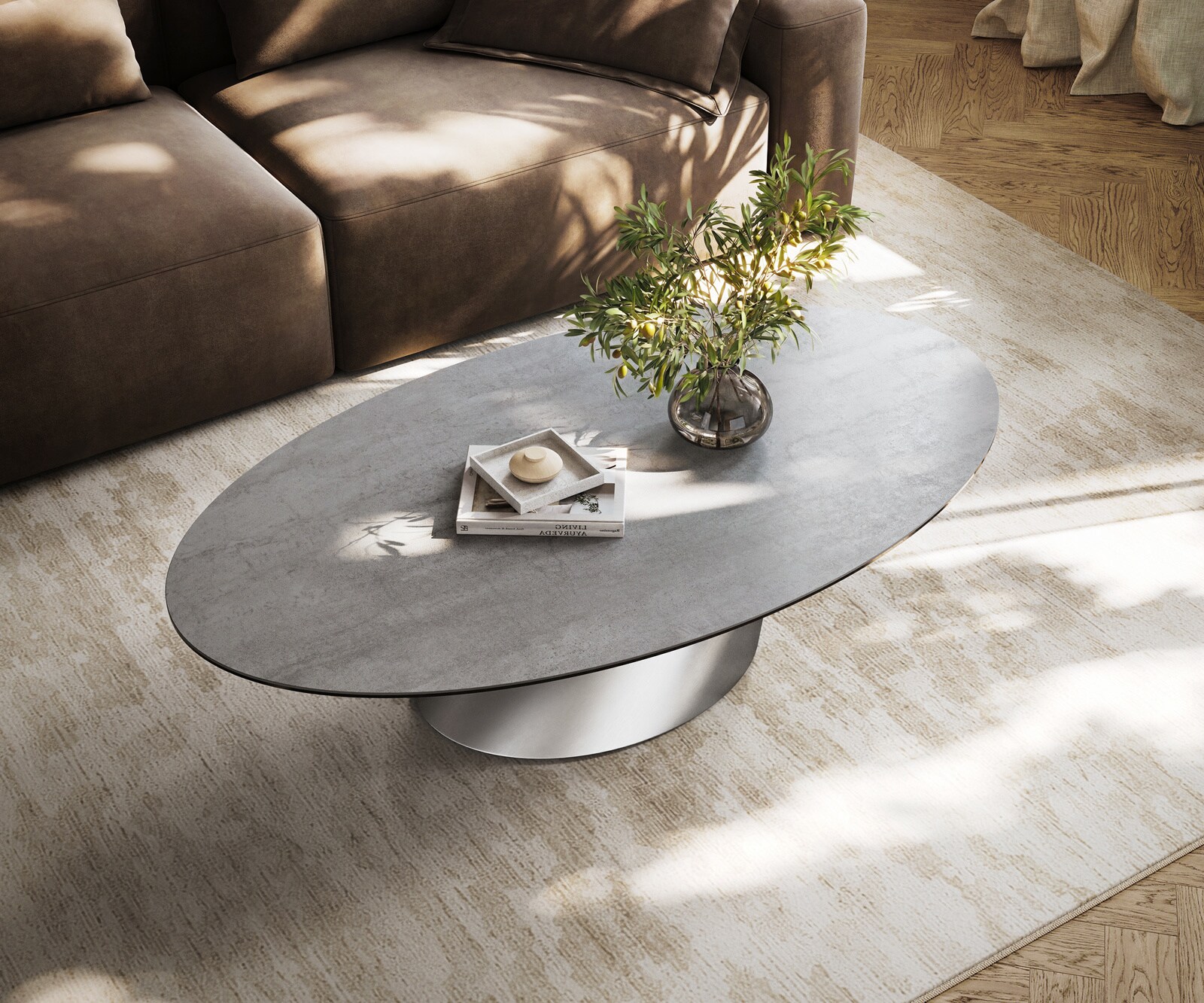 Salontafel Edge ovaal 140x80 cm keramiek beton grijs Conis roestvrij staal geborsteld 3