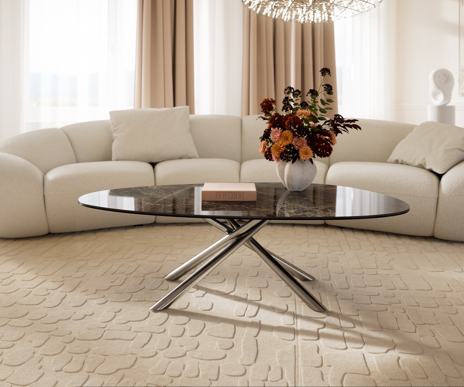 Salontafel Edge Oval 140x75 cm keramiek Laminam® Emperador Extra Lucidato donkerbruin Sarity geborsteld roestvrij staal 1