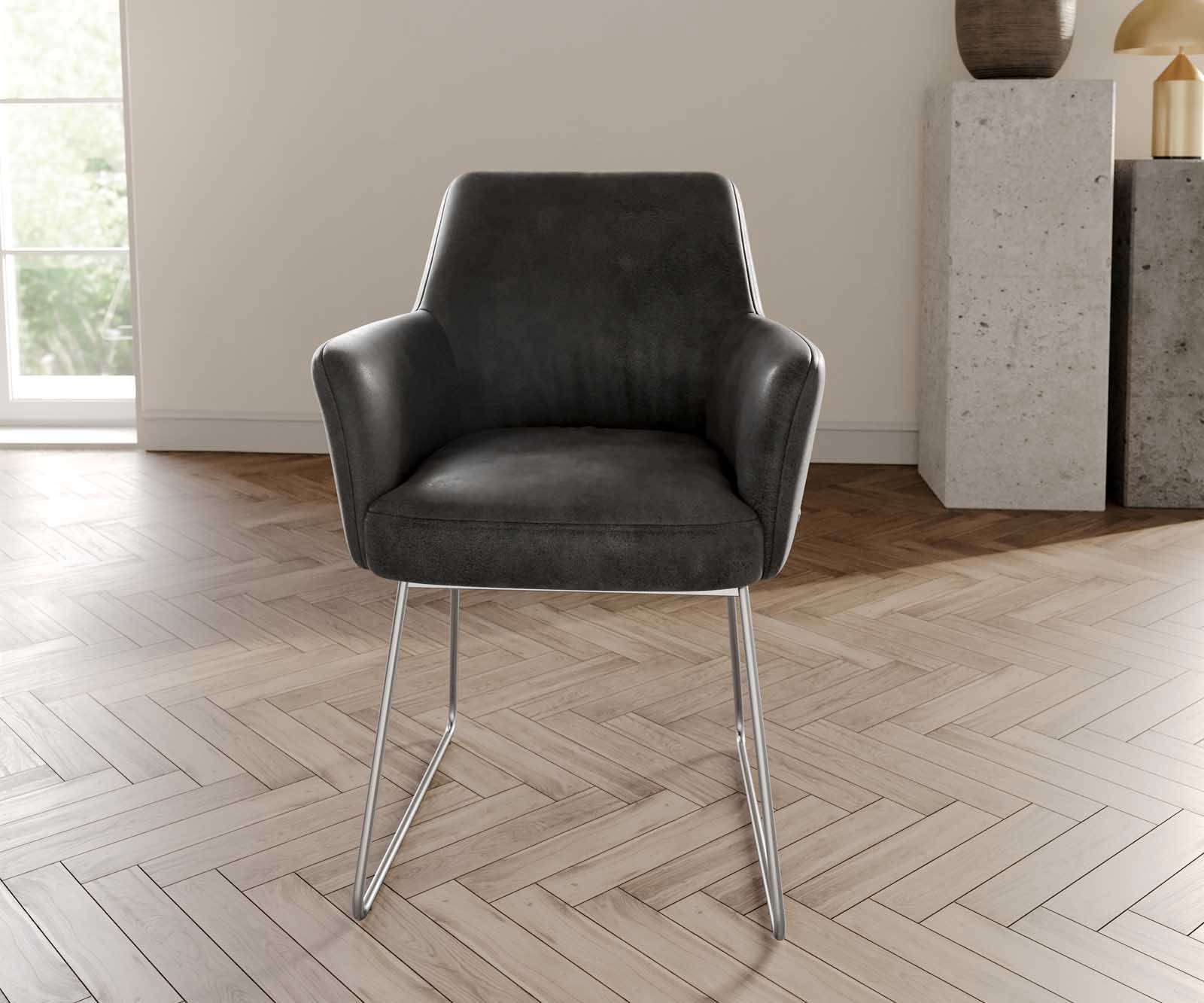 Eetkamerstoel Xana-Flex met armleuning microvelours antraciet vintage slipframe roestvrij staal pocketveer kern 1