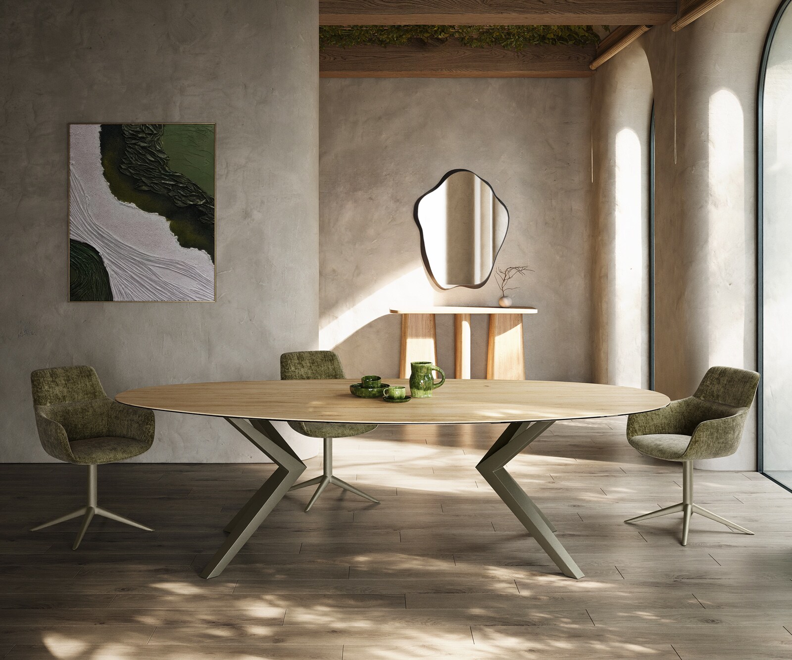Eetkamertafel Edge ovaal 280x130 keramiek Laminam® Sabbia eiken kleur Zenthara hoekig metaal effectafwerking titaan 2