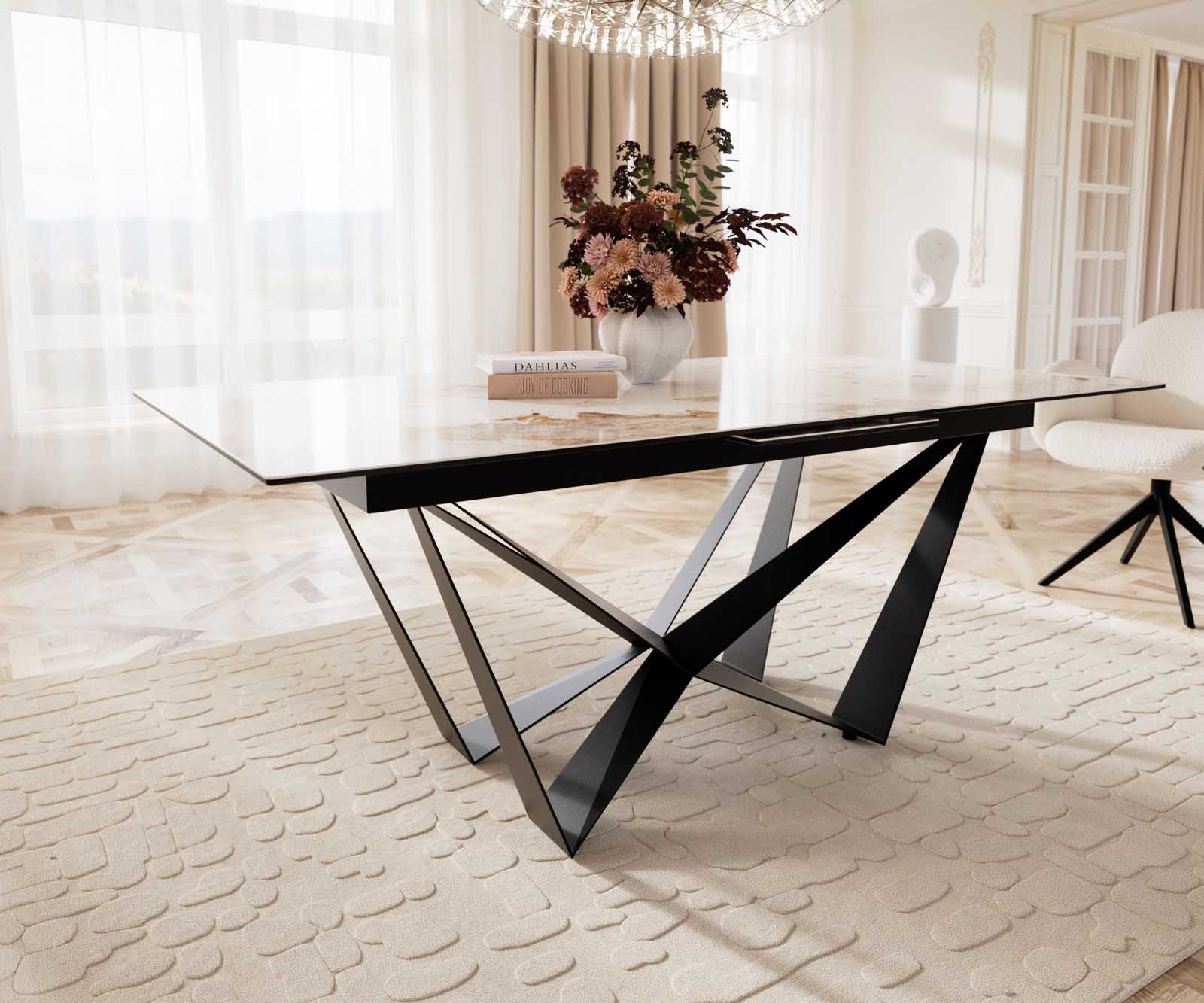 Eetkamertafel Edge 180-220x100 keramiek Minas Melange wit-beige spider vlak staal zwart uitschuifbaar 6 Eetkamertafel Edge 180-220x100 keramiek Minas Melange wit-beige spider vlak staal zwart uitschuifbaar 6