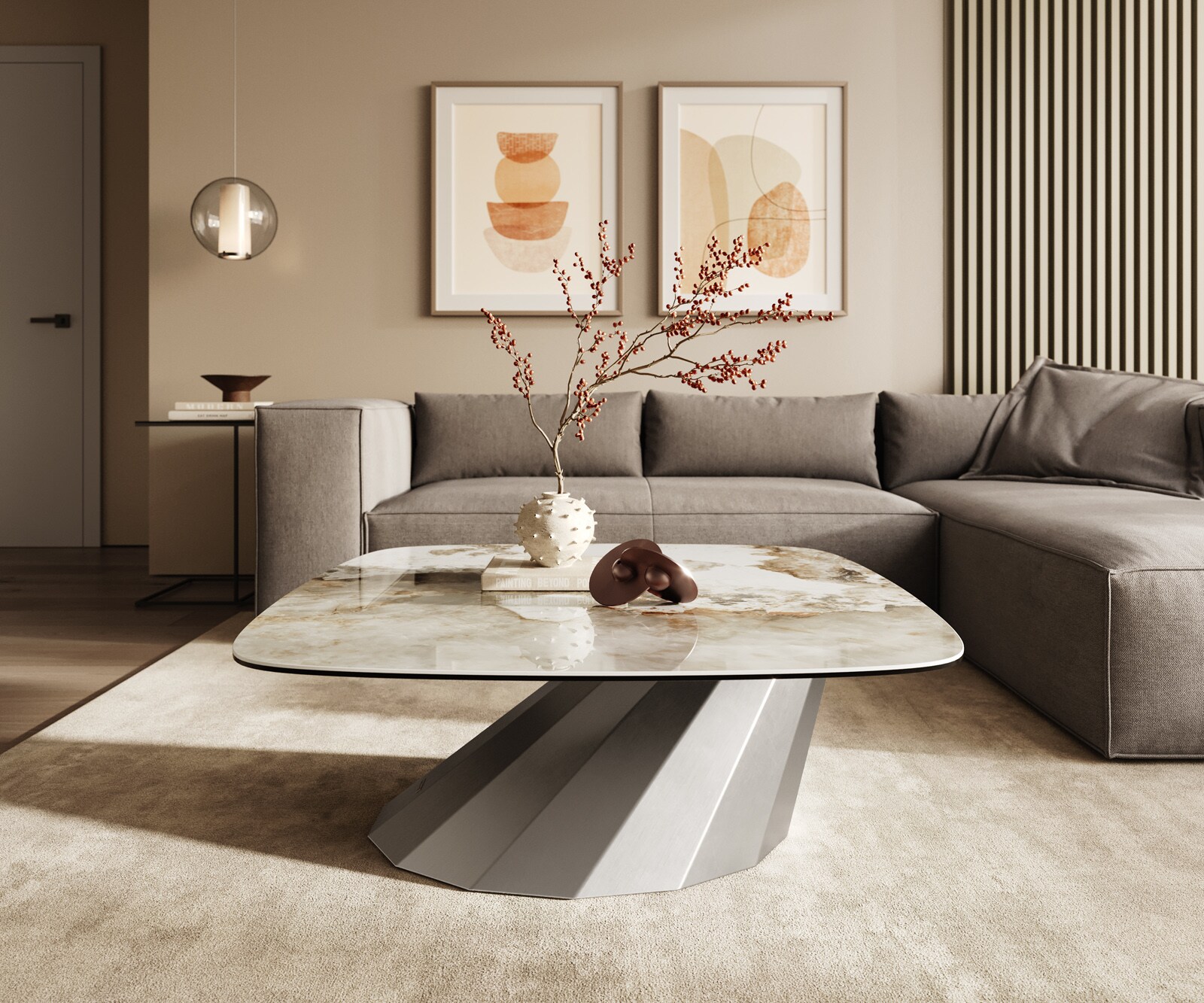 Salontafel Edge Boot 90x90 cm keramiek Minas Melange Parabi geborsteld roestvrij staal 2