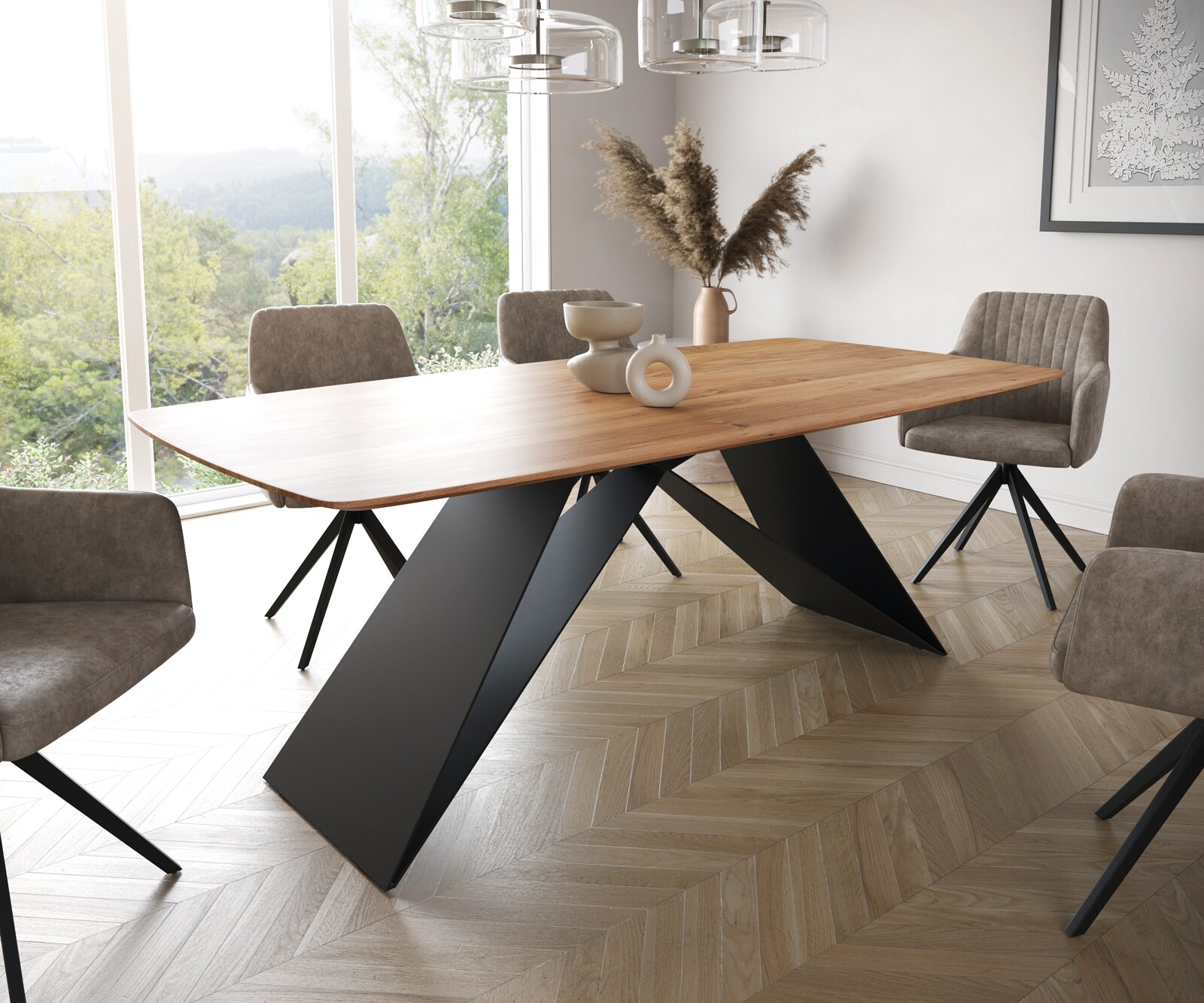 Eettafel Edge Boot 200x100 acacia natuur V-frame staal  zwart  Schweizer Kante 1