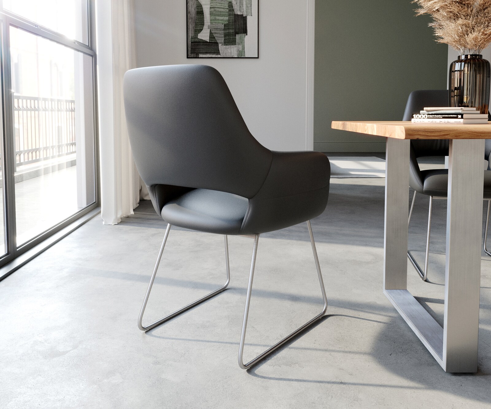 Eetkamerstoel Yago-Flex met armleuning echt leer zwart slipframe roestvrij staal pocketveer kern 4 Eetkamerstoel Yago-Flex met armleuning echt leer zwart slipframe roestvrij staal pocketveer kern 4