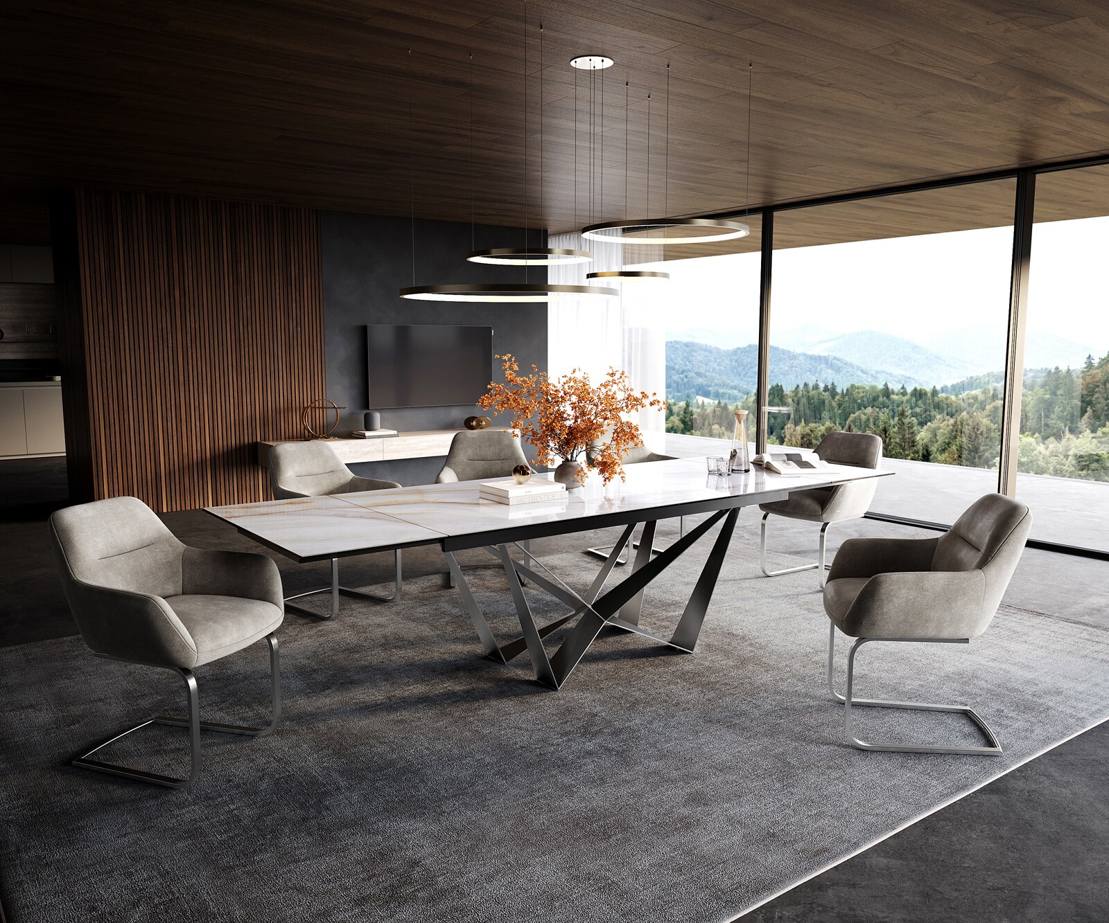 Eettafel Edge 200-300x100 cm keramiek Onyx Pearl Spider plat staal roestvrij staal uittrekbaar 6