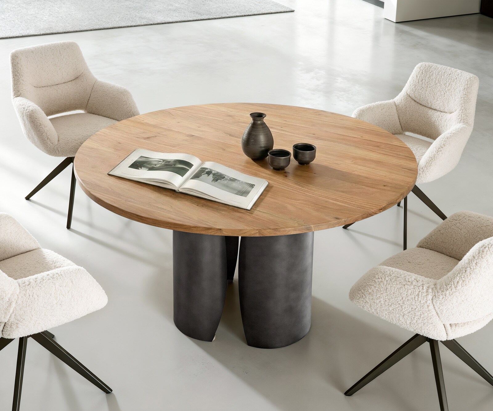 Eettafel Adenza rond 140x140 cm acacia naturel metaal zwart antiek 1