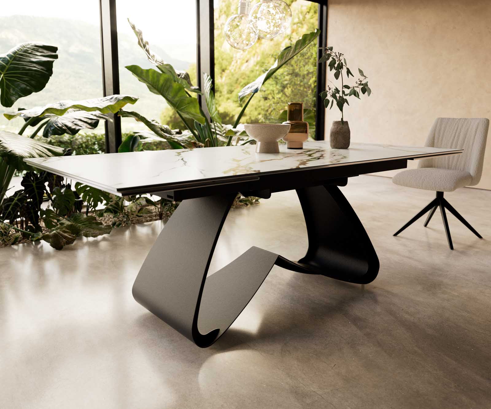 Eetkamertafel Edge 200-300x100 keramiek Calacatta Luxe wit-goud-grijs W-frame zwart uitschuifbaar 6 Eetkamertafel Edge 200-300x100 keramiek Calacatta Luxe wit-goud-grijs W-frame zwart uitschuifbaar 6