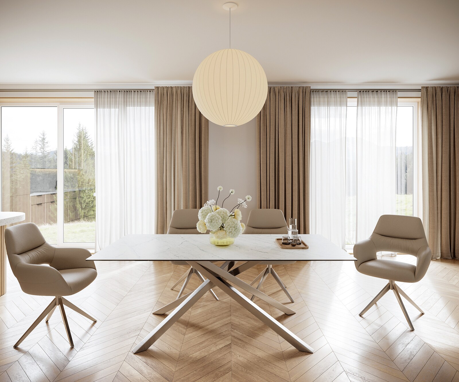 Eettafel Edge 200x100cm Laminam® keramiek wit middenpoot kruis zilver 1