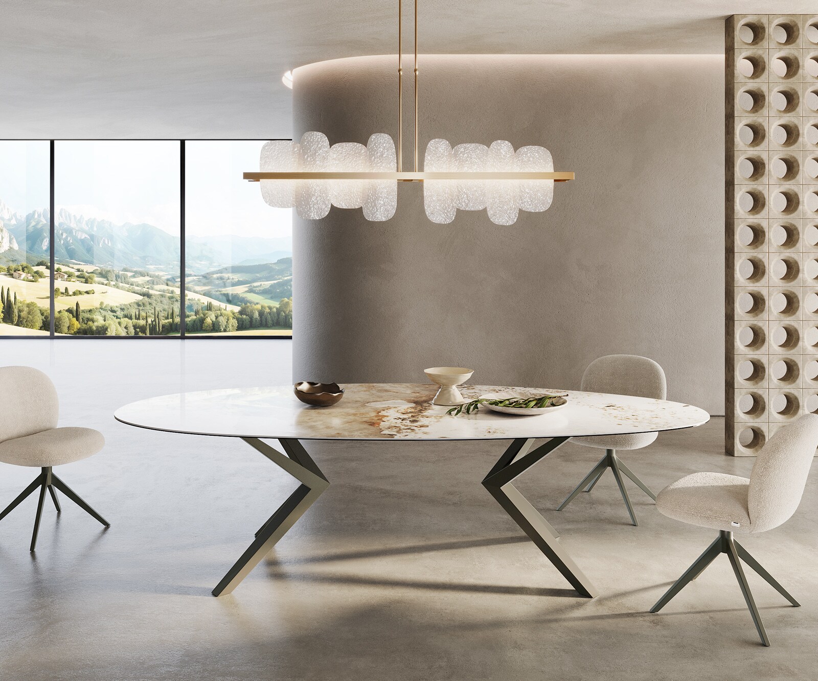 Eetkamertafel Edge ovaal 280x130 keramiek Minas Melange wit-Beige Zenthara hoekig metaal effectafwerking titaan