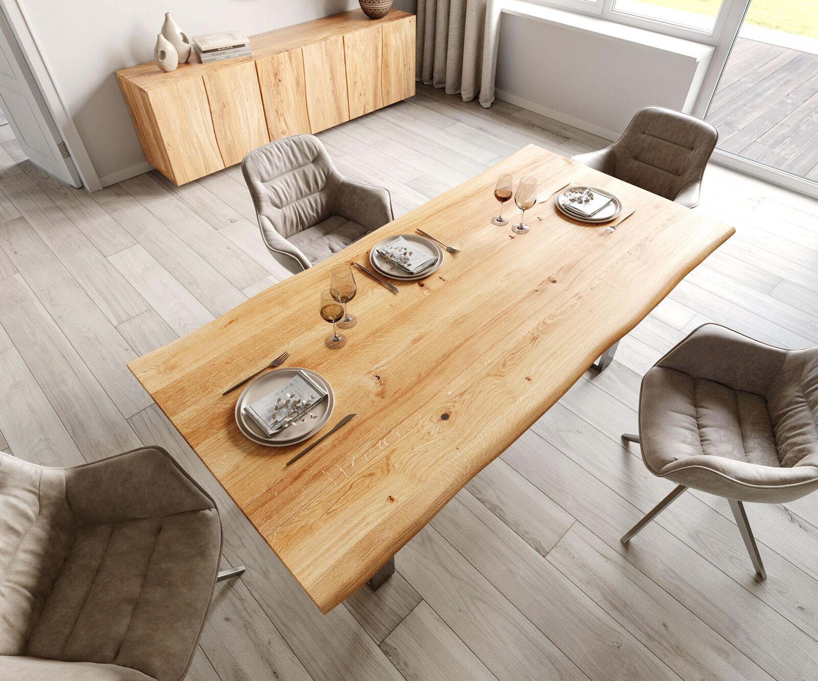 Eettafel Edge 200x100x2,5-3 eiken natuur roestvrijstaal smal Live-Edge 4