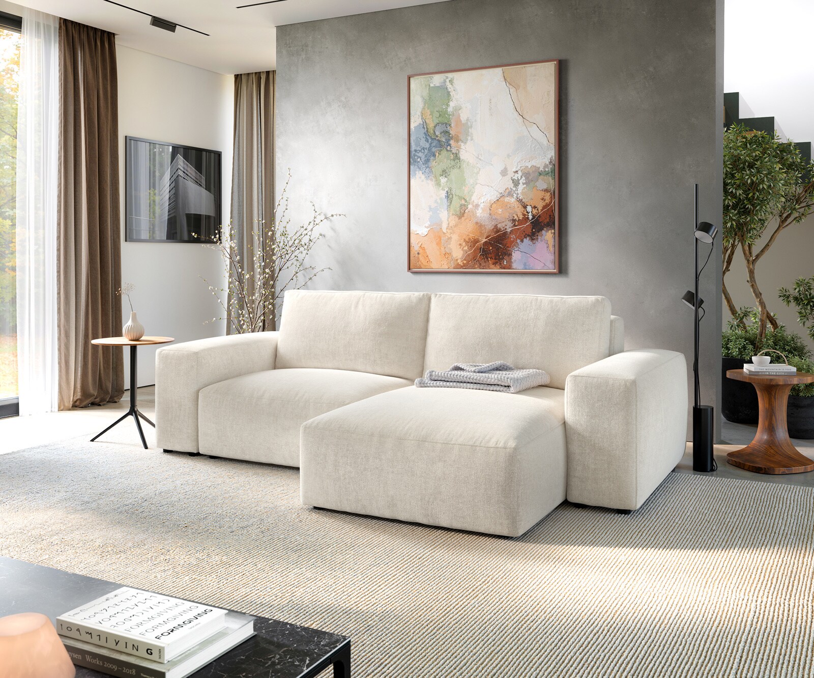 Hoekbank Lanzo 230x155 cm Zachte structuurstof Beige Chaise longue variabel 1