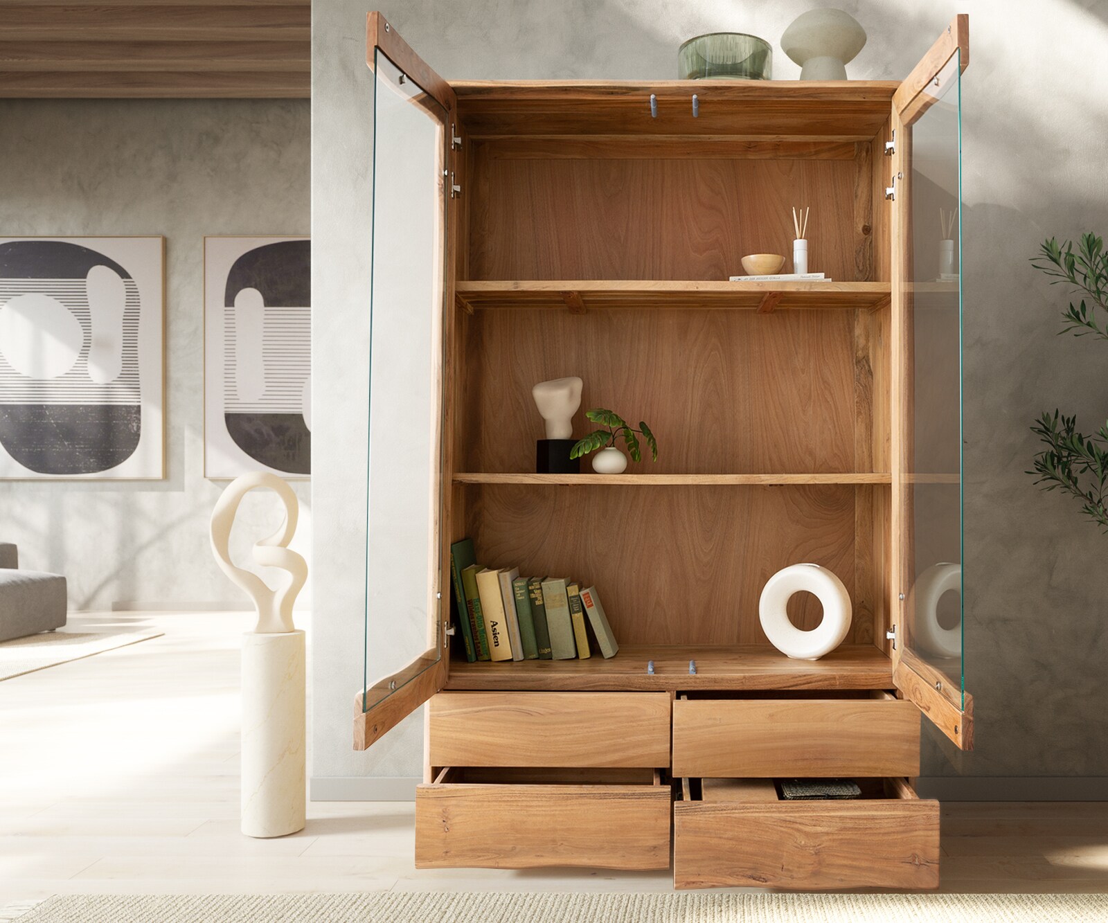 Vitrinekast Live-Edge 120x190 cm acacia natuur 2 deuren 4 laden massief 3