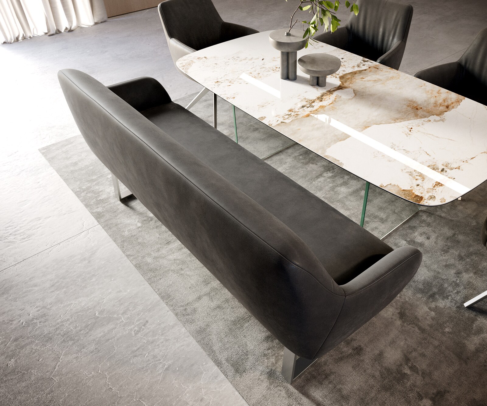 Eetkamerbank Taya-Flex 200 cm microvelours anthraciet vintage gekant sledeframe roestvrij staal pocketvering 3