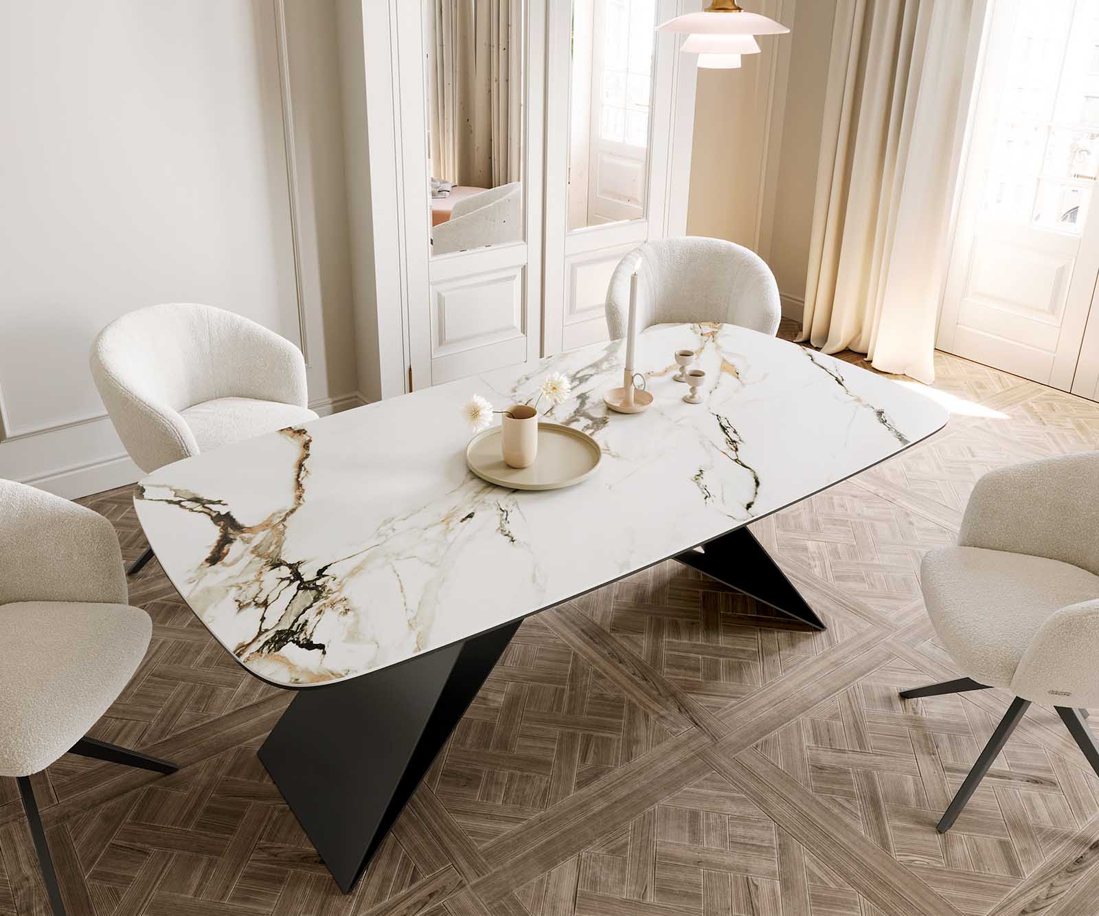 Eetkamertafel Edge Boot 200x100 keramiek Calacatta Luxe wit-goud-grijs V-frame vlak staal zwart 4