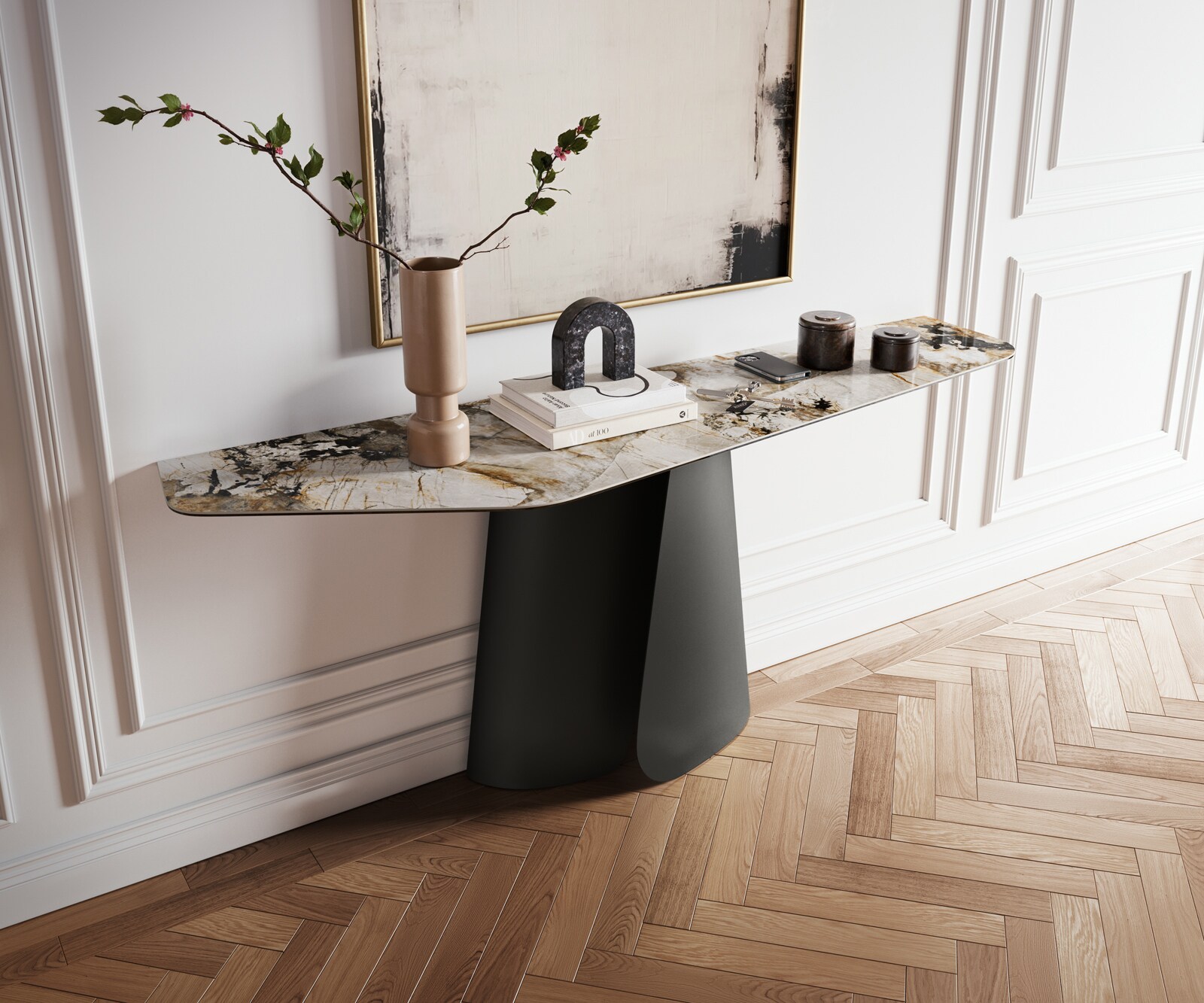 Consoletafel Edge Polygonaal 180x50 cm Keramiek Patagonia Poliert Livos Metaal Zwart 1
