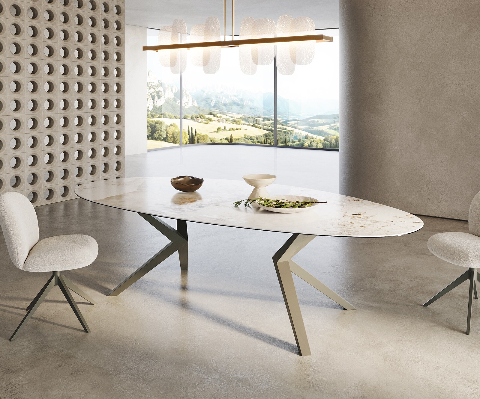Eetkamertafel Edge ovaal 280x130 keramiek Minas Melange wit-Beige Zenthara hoekig metaal effectafwerking titaan 3