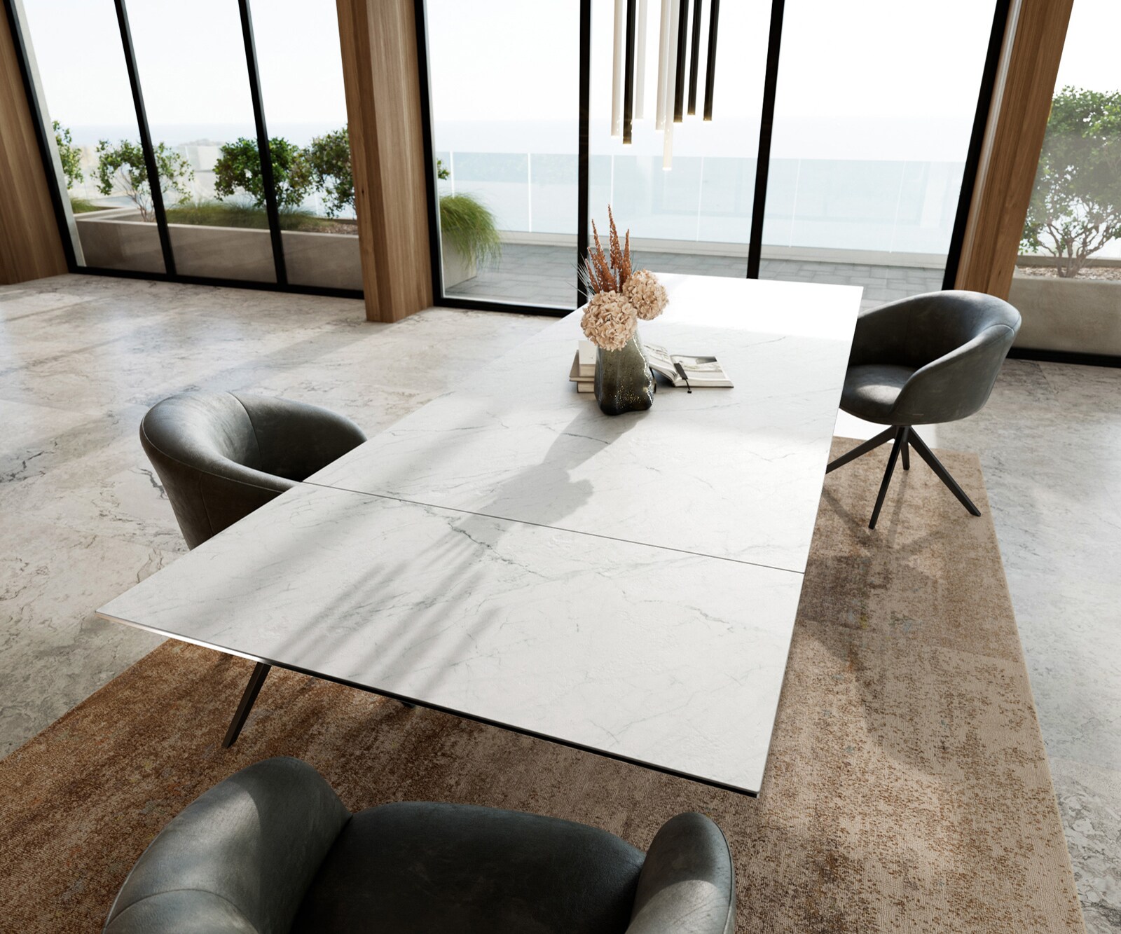 Eetkamertafel Edge 200-300x100 cm Keramiek Laminam®Statuarietto Wit Infinity Metaal Zwart uitschuifbaar 7