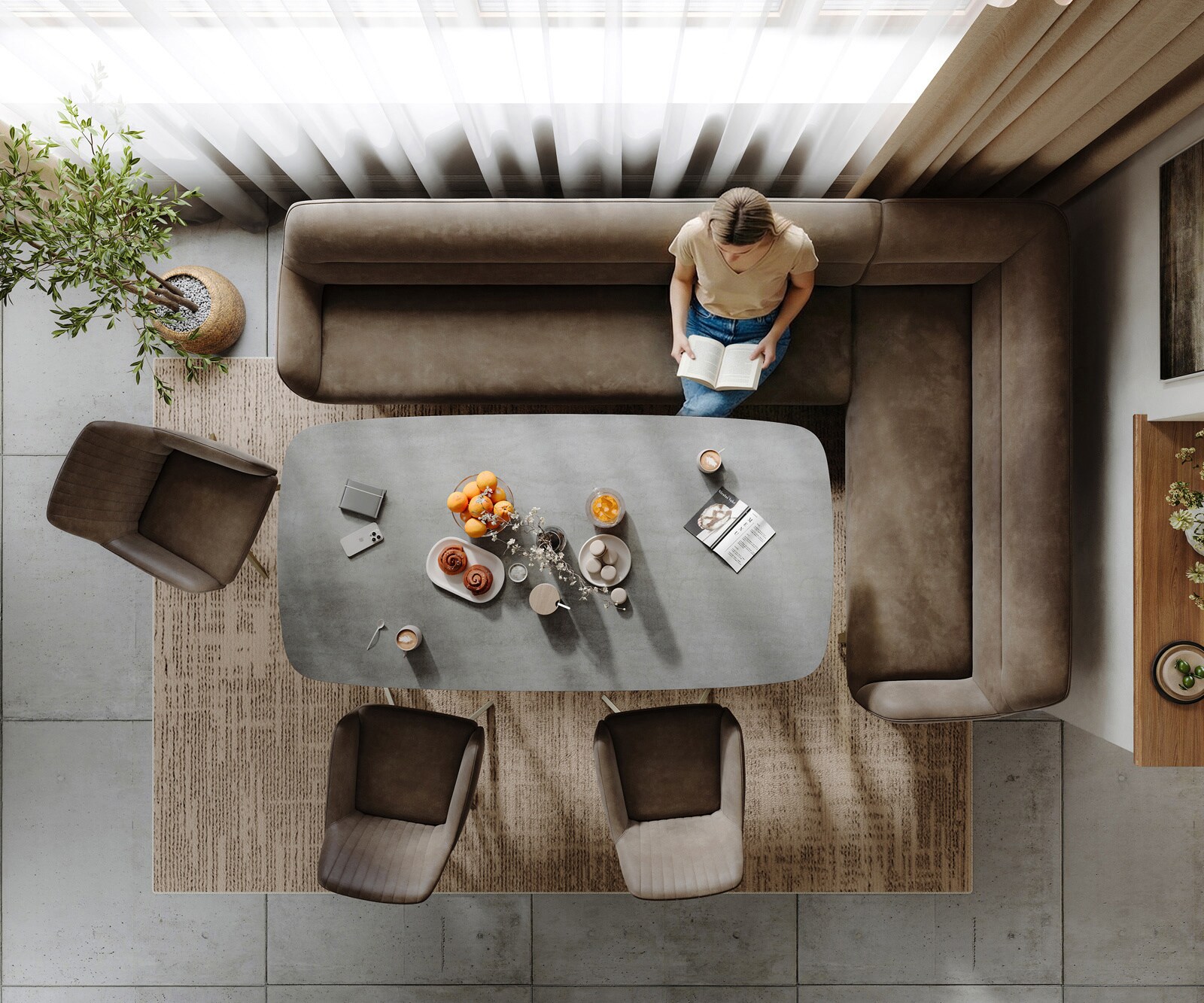 Eetkamerbank Taya-Flex 285x190 cm microvelours taupe vintage platte sledebasis afwerking met titaniumeffect pocketvering rechts 6