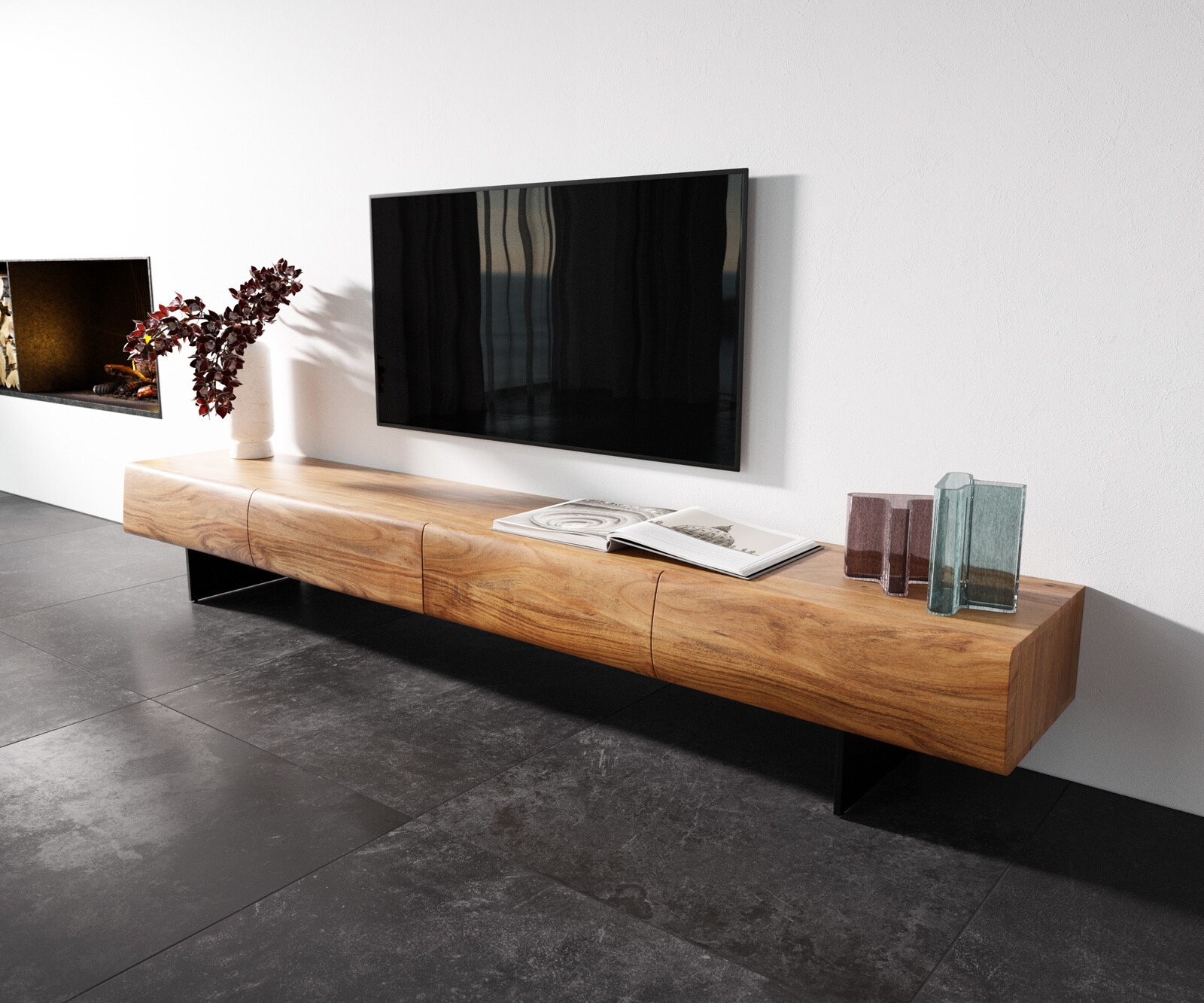 TV-meubel New Live-Edge 240 cm acacia natuur 4 schuifladen poot metaal zwart 