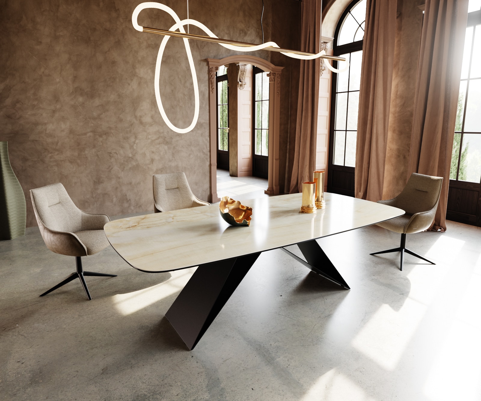 Eettafel Edge Oval 240x120 keramiek Iris FMG Onice Oro V-frame plat staal zwart Eettafel Edge Oval 240x120 keramiek Iris FMG Onice Oro V-frame plat staal zwart