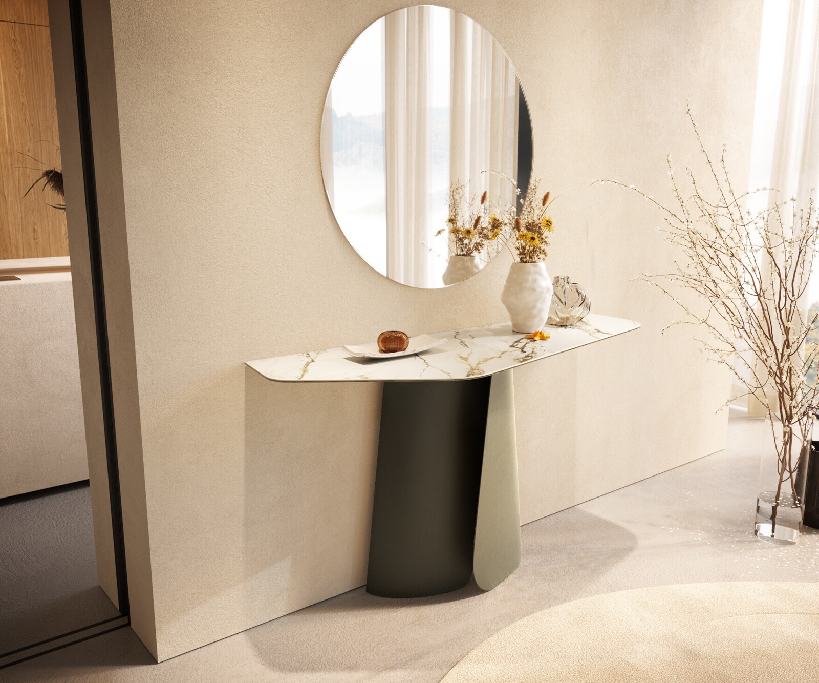Consoletafel Edge Polygonaal 140x50 cm Keramiek Calacatta Luxe Weiß-Gold-Grijs Livos Metaal Effektfinish Titan