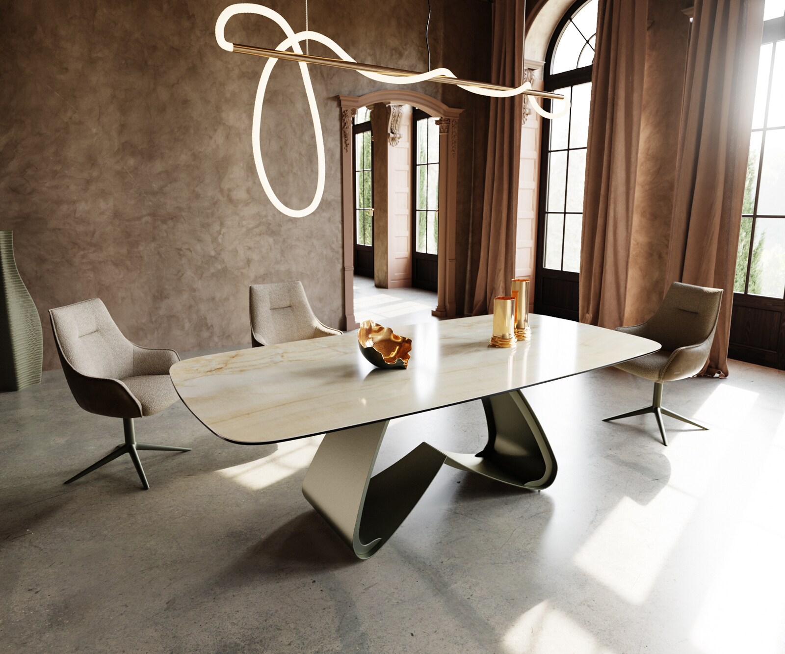 Eetkamertafel Edge Boot 240x120 cm Keramiek Iris FMG Onice Oro W-onderstel Metaal Effectafwerking Titan 1