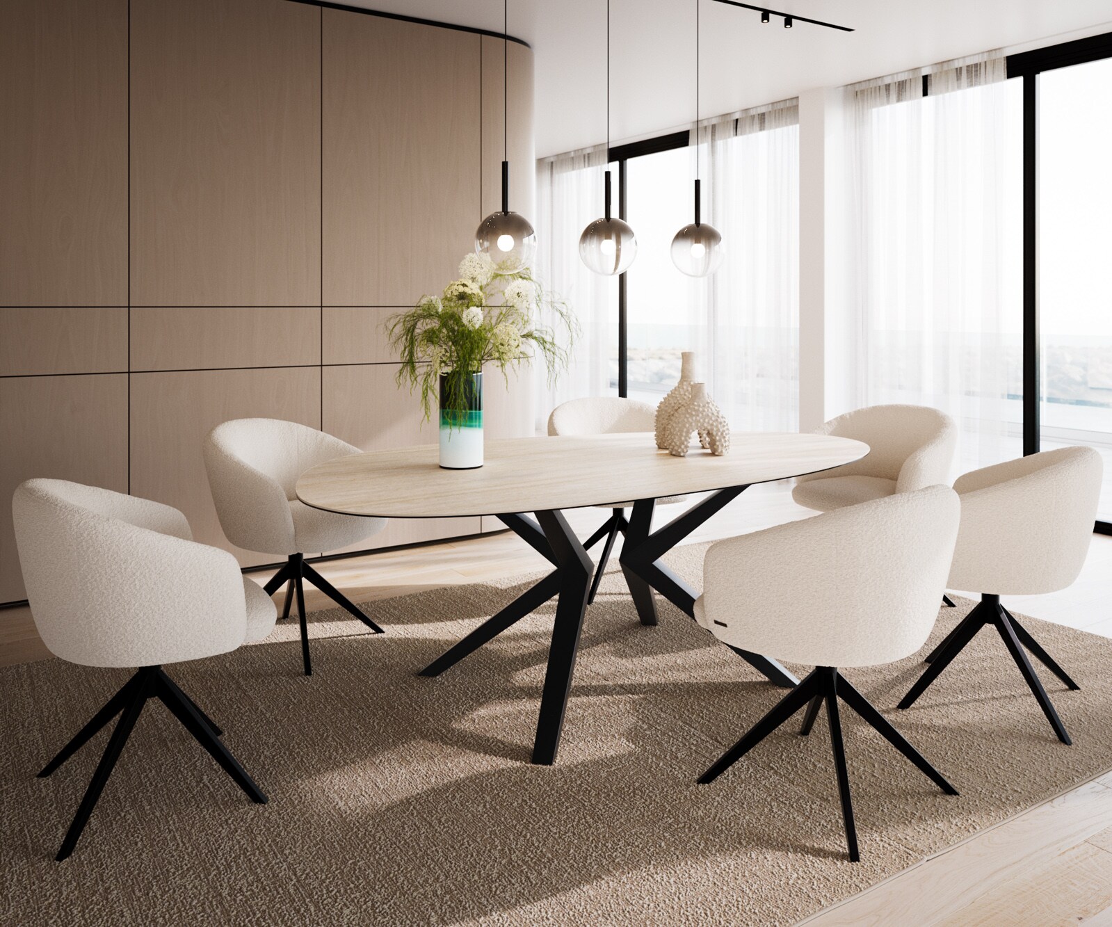 Eetkamertafel Edge ovaal 220x120 keramiek Laminam®Travertino Bianco Creme-wit​ Zenthara hoekig metaal zwart 6