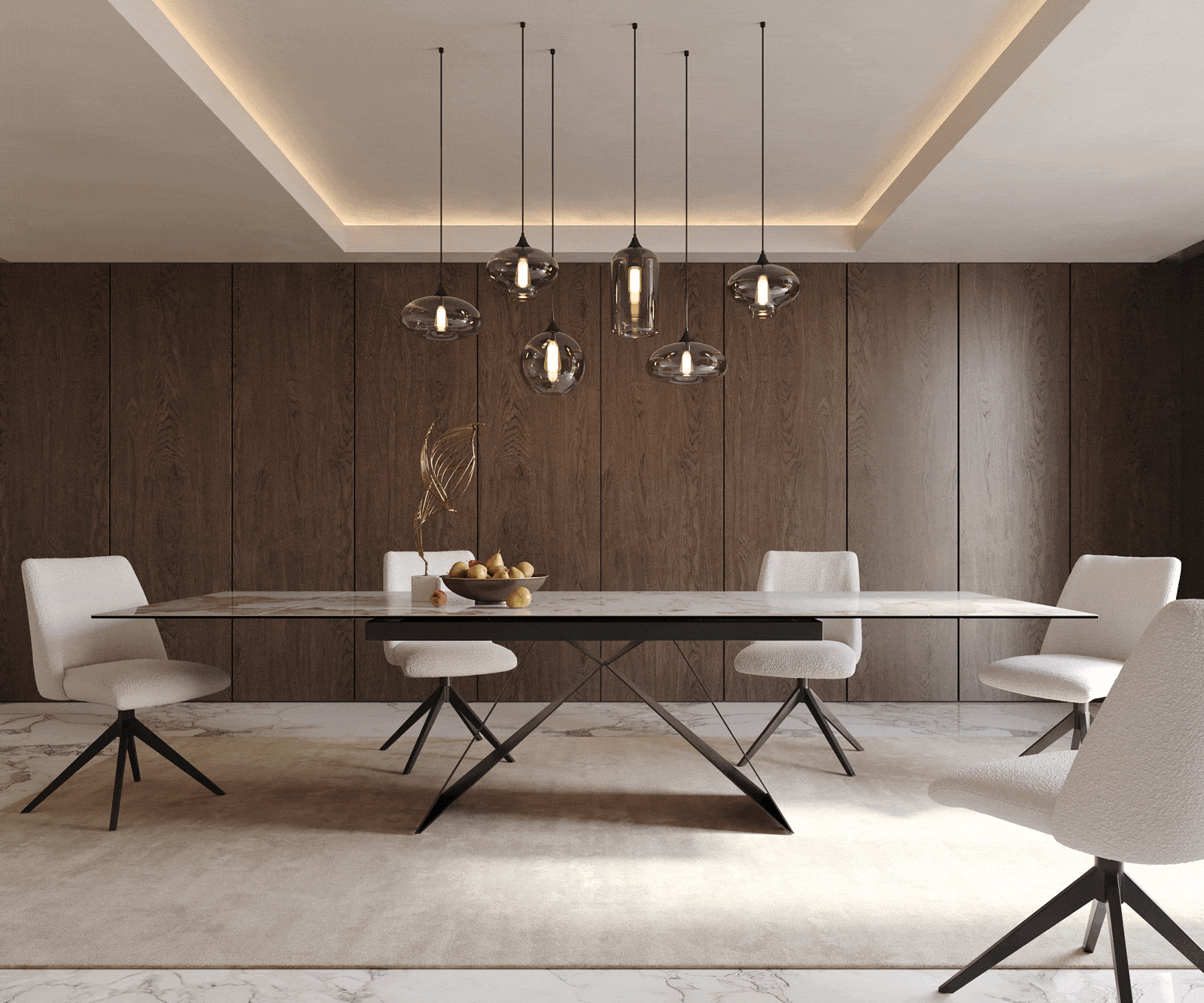 Eetkamertafel Edge 200-300x100 keramiek Minas Melange wit-beige V-frame vlak staal zwart uitschuifbaar 1