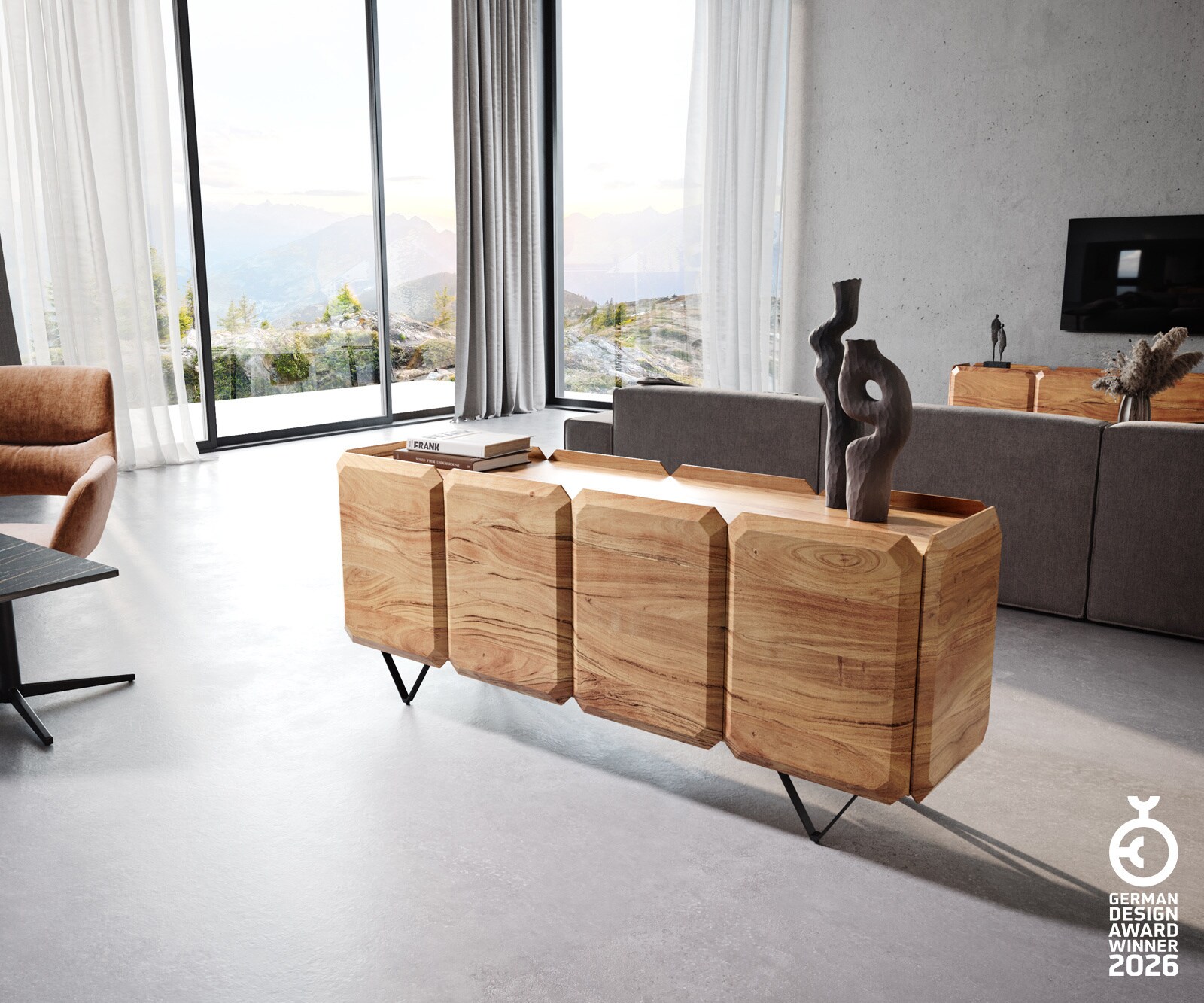 Sideboard Kiano 175 cm Acacia Natuur 4 Deuren V-voet Zwart Roomdivider