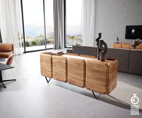 Sideboard Kiano 175 cm Acacia Natuur 4 Deuren V-voet Zwart Roomdivider