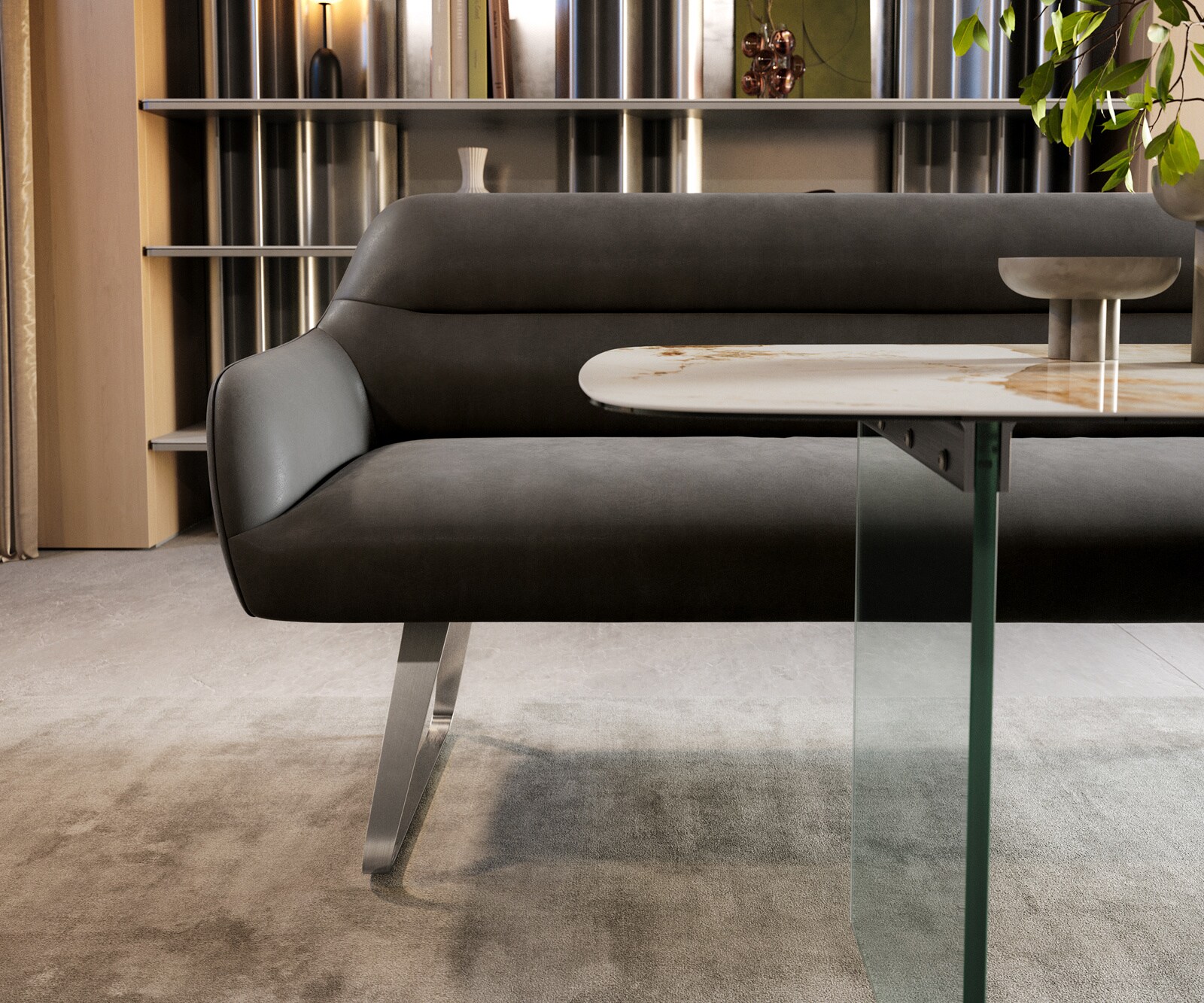 Eetkamerbank Taya-Flex 200 cm microvelours anthraciet vintage platte sledebasis roestvrij staal pocketvering 1