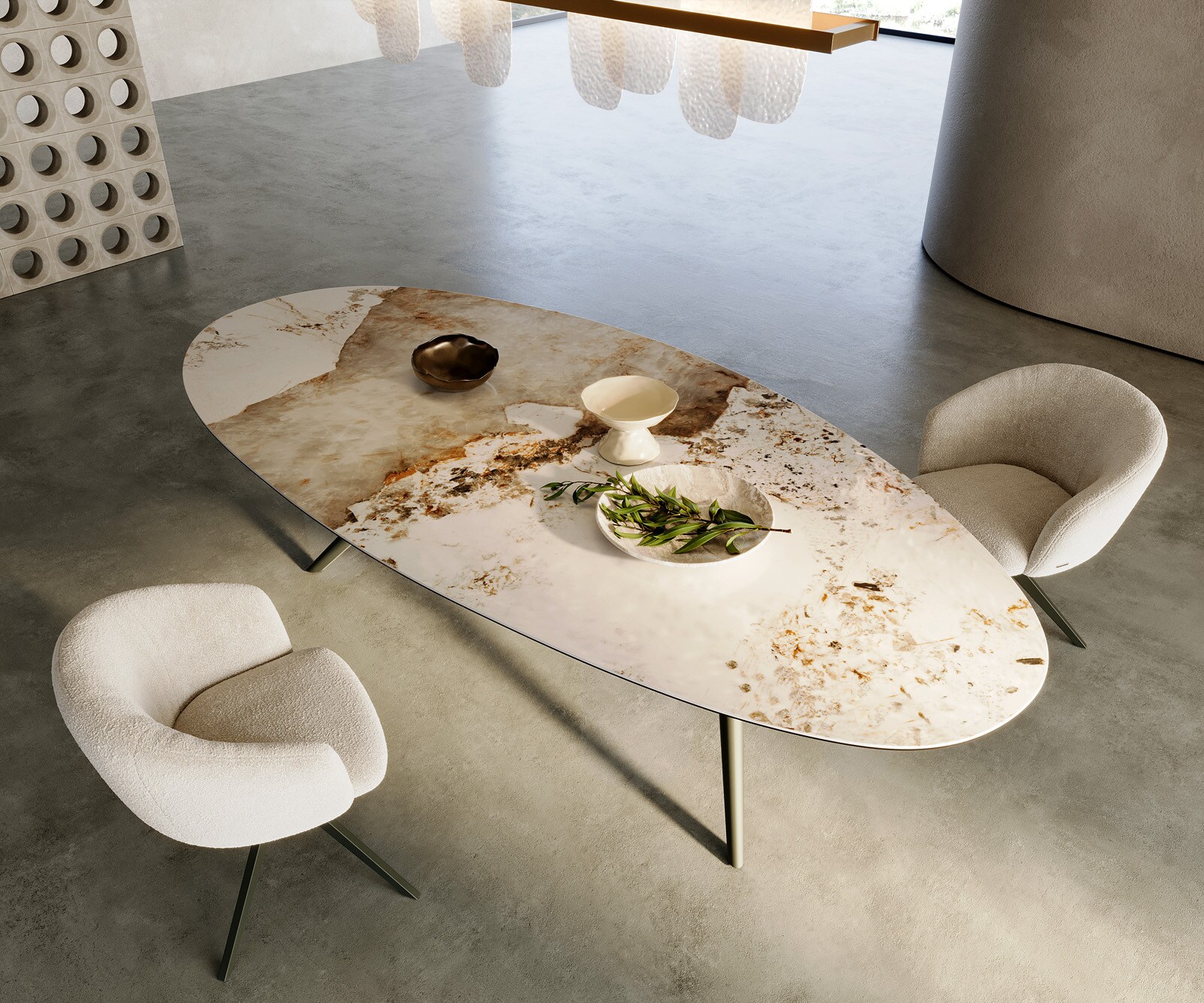 Eettafel Edge Oval 280x130 keramiek Minas Melange wit-beige Estelar rond metaal effect afwerking titanium 1