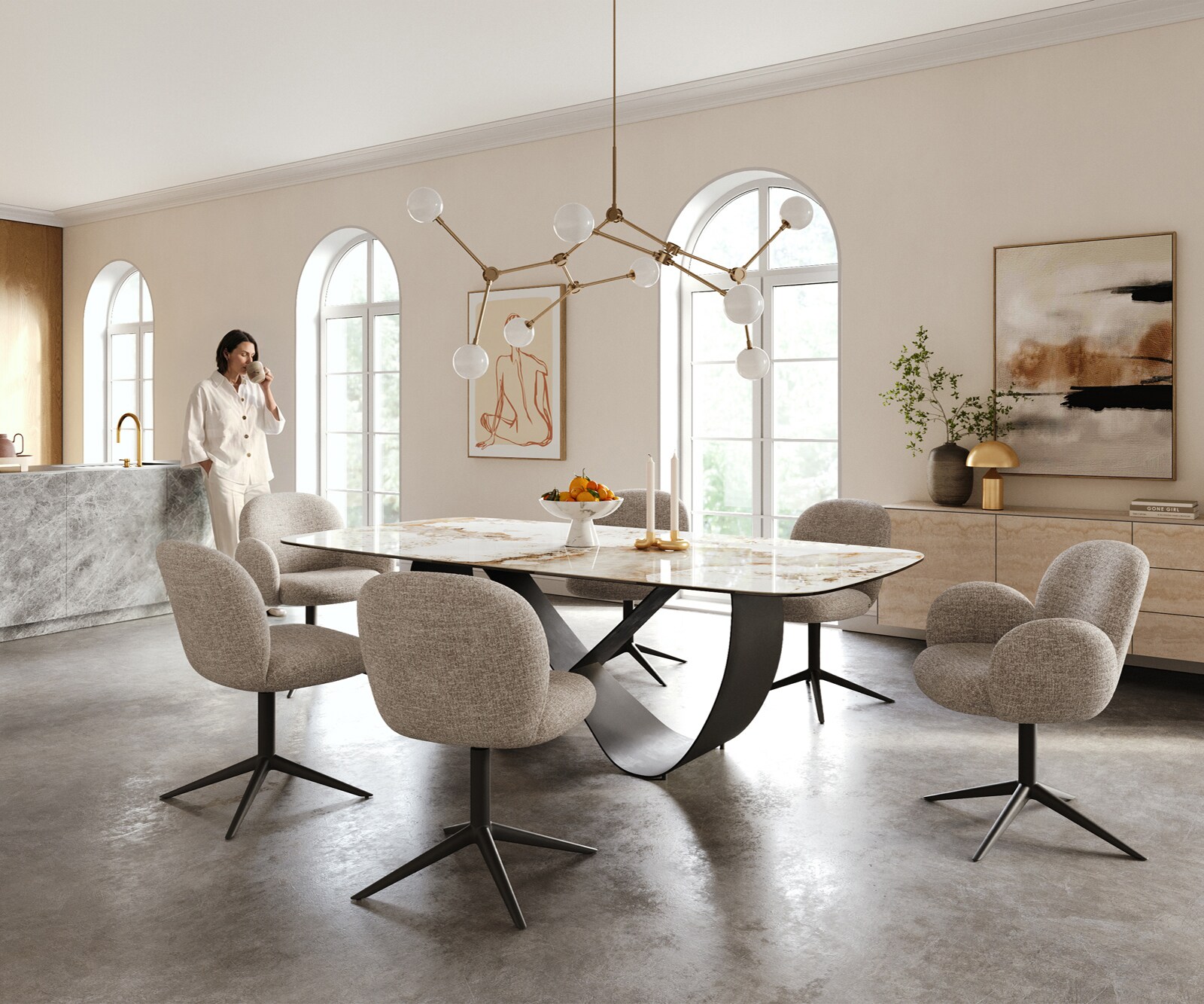 Eettafel Edge Boot 240x120 cm Keramiek Minas Melange Wit-Beige Infinity Metaal Zwart 6