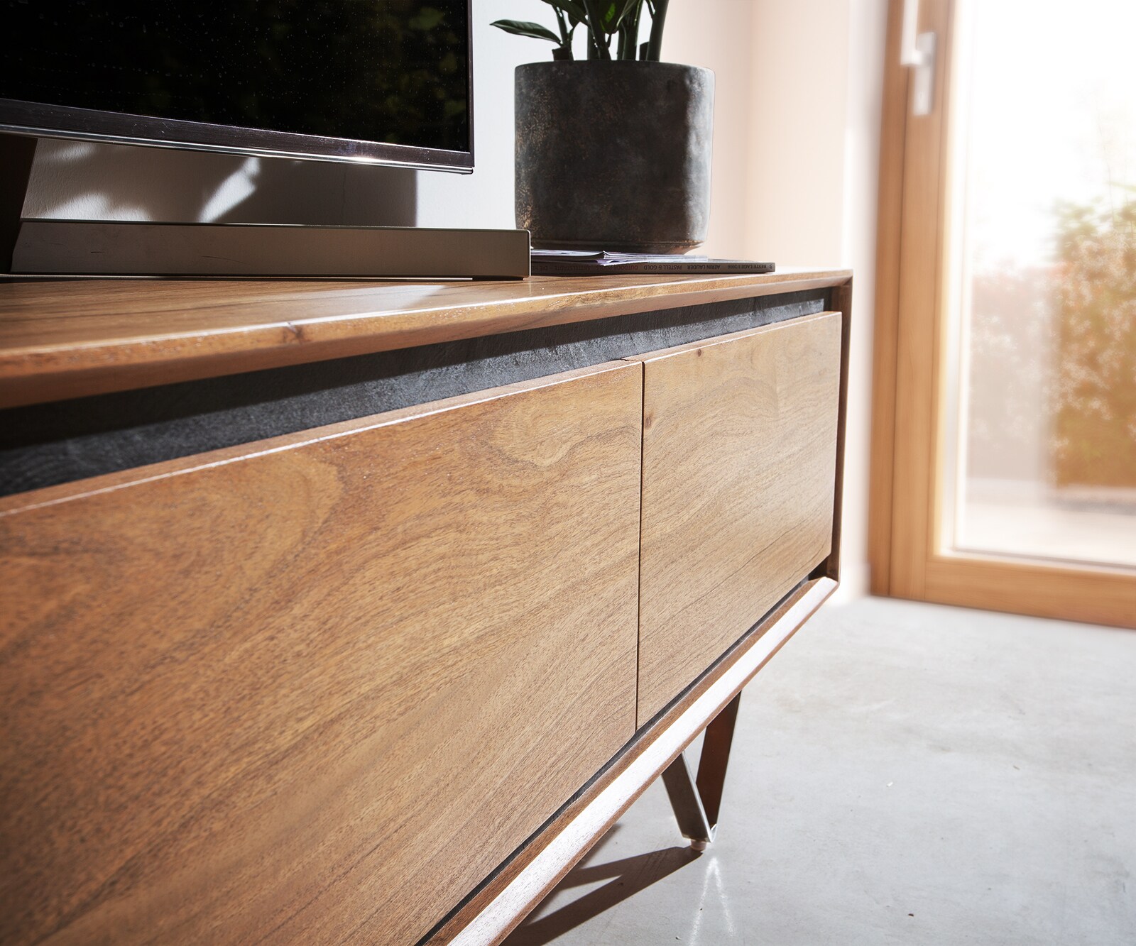 Tv-meubel Stonegrace 200 cm acacia natuur 4 deuren steenfineer V-poot 3