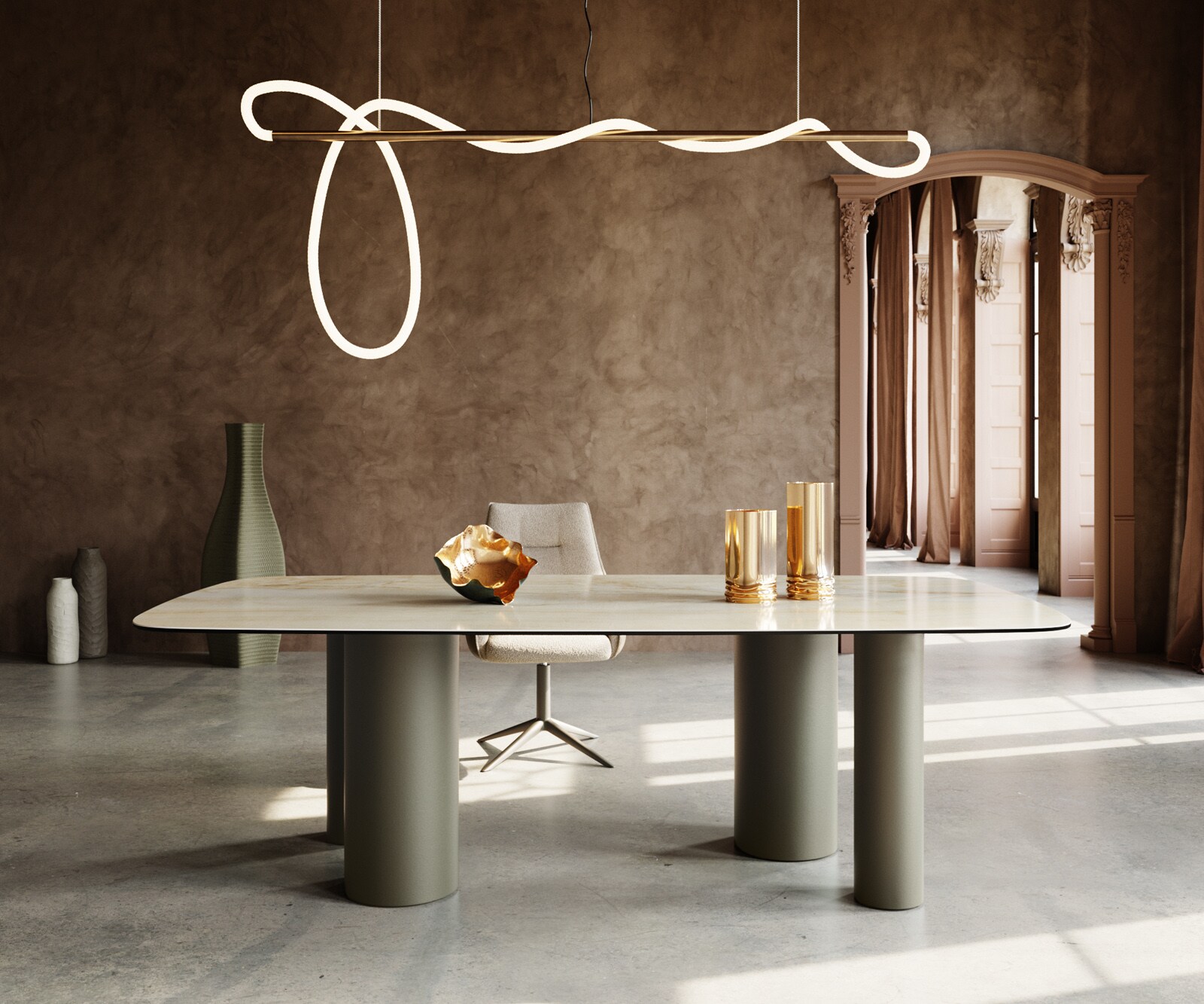 Eetkamertafel Edge Boot 240x120 keramiek Iris FMG Onice Oro Pilier metaal effectafwerking titaan 1