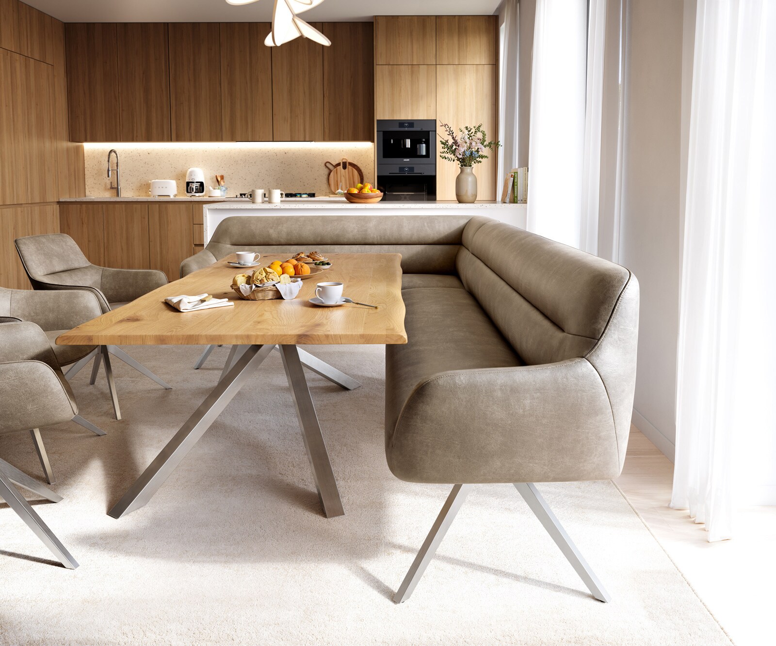 Eetkamerbank Taya-Flex 285x190 cm microvelours beige vintage hoekig kruisframe roestvrij staal pocketvering rechts 2