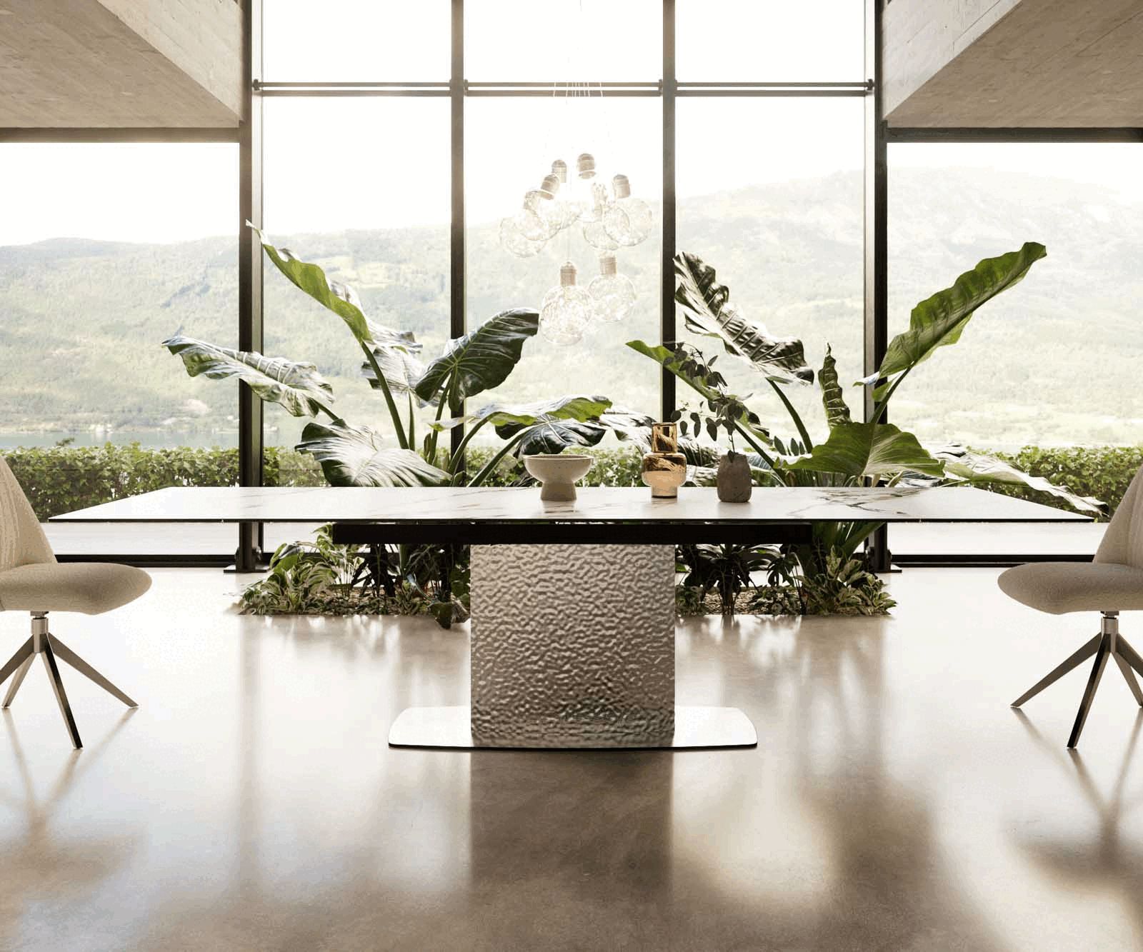 Eetkamertafel Edge 200-300x100 keramiek Calacatta Luxe wit-goud-grijs Wave RVS uitschuifbaar 1