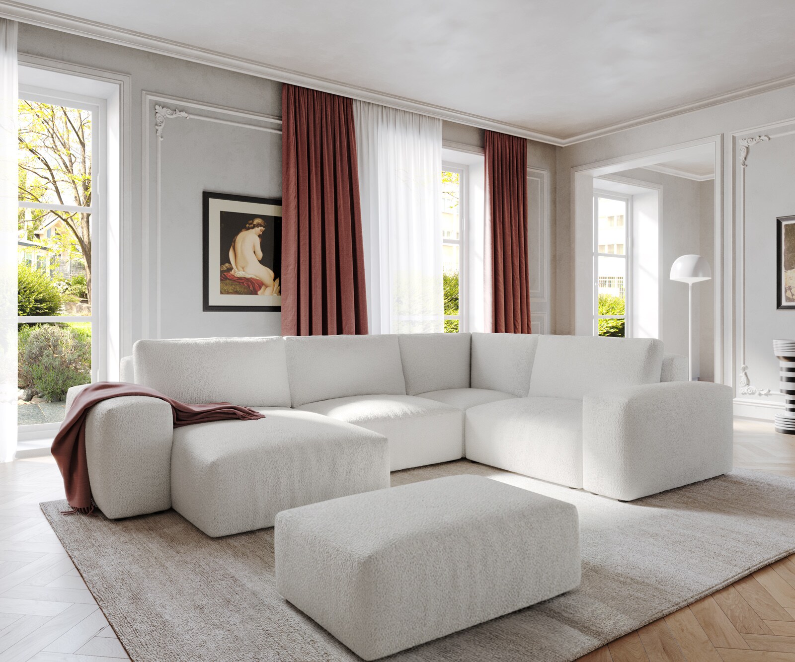 Woonlandschap Lanzo 300x210 cm bouclé crème-wit met variabele recamière en hocker