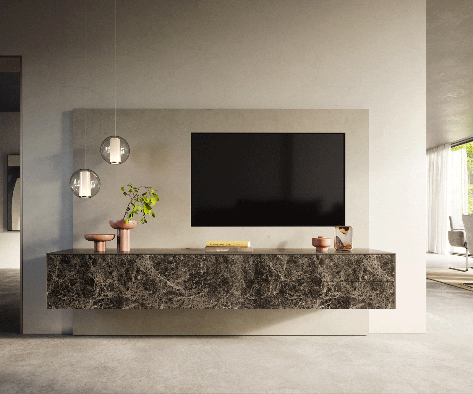 Tv-meubel Cuor 220 cm Keramiek Emperador Extra Lucidato Donkerbruin 1 Flap 2 Laden Zwevend 1 Tv-meubel Cuor 220 cm Keramiek Emperador Extra Lucidato Donkerbruin 1 Flap 2 Laden Zwevend 1