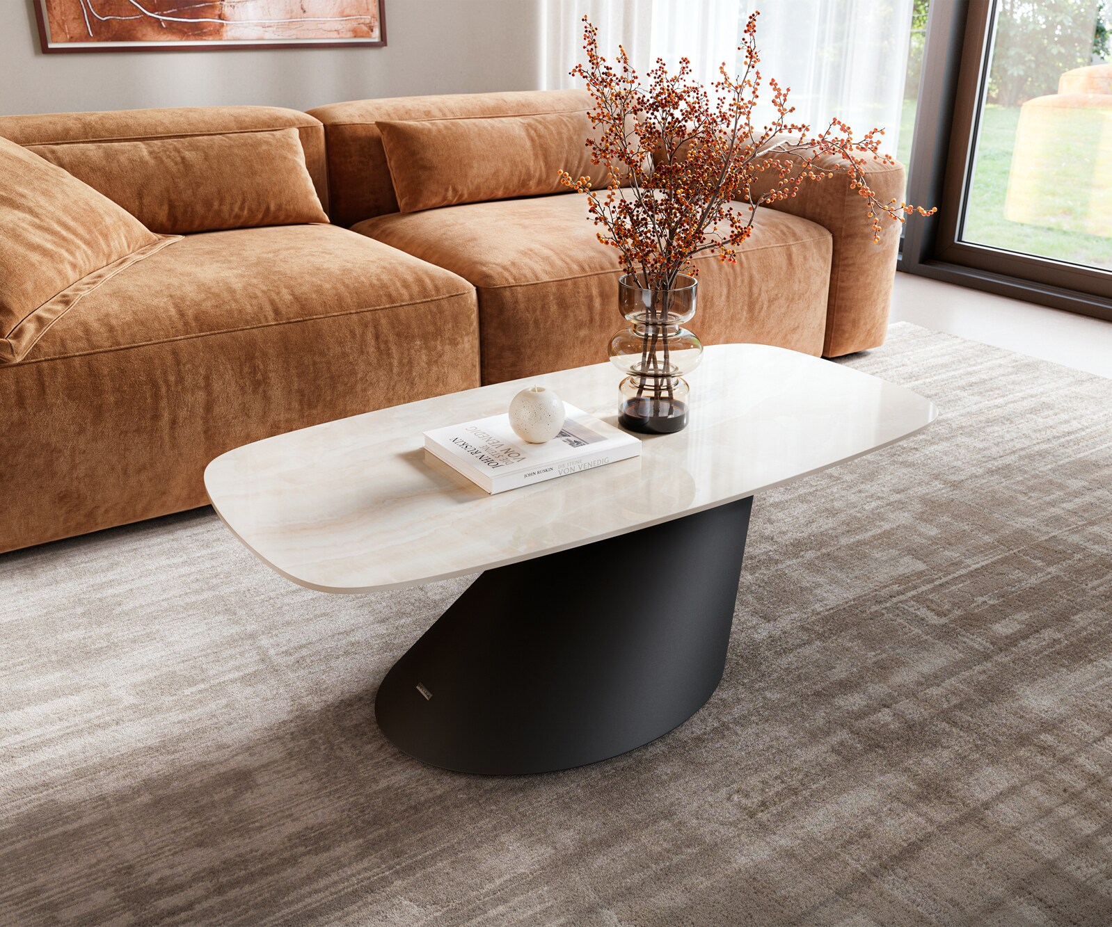 Salontafel Edge bootvormig 100x50 cm keramiek Onyx Champagne Conis metaal zwart