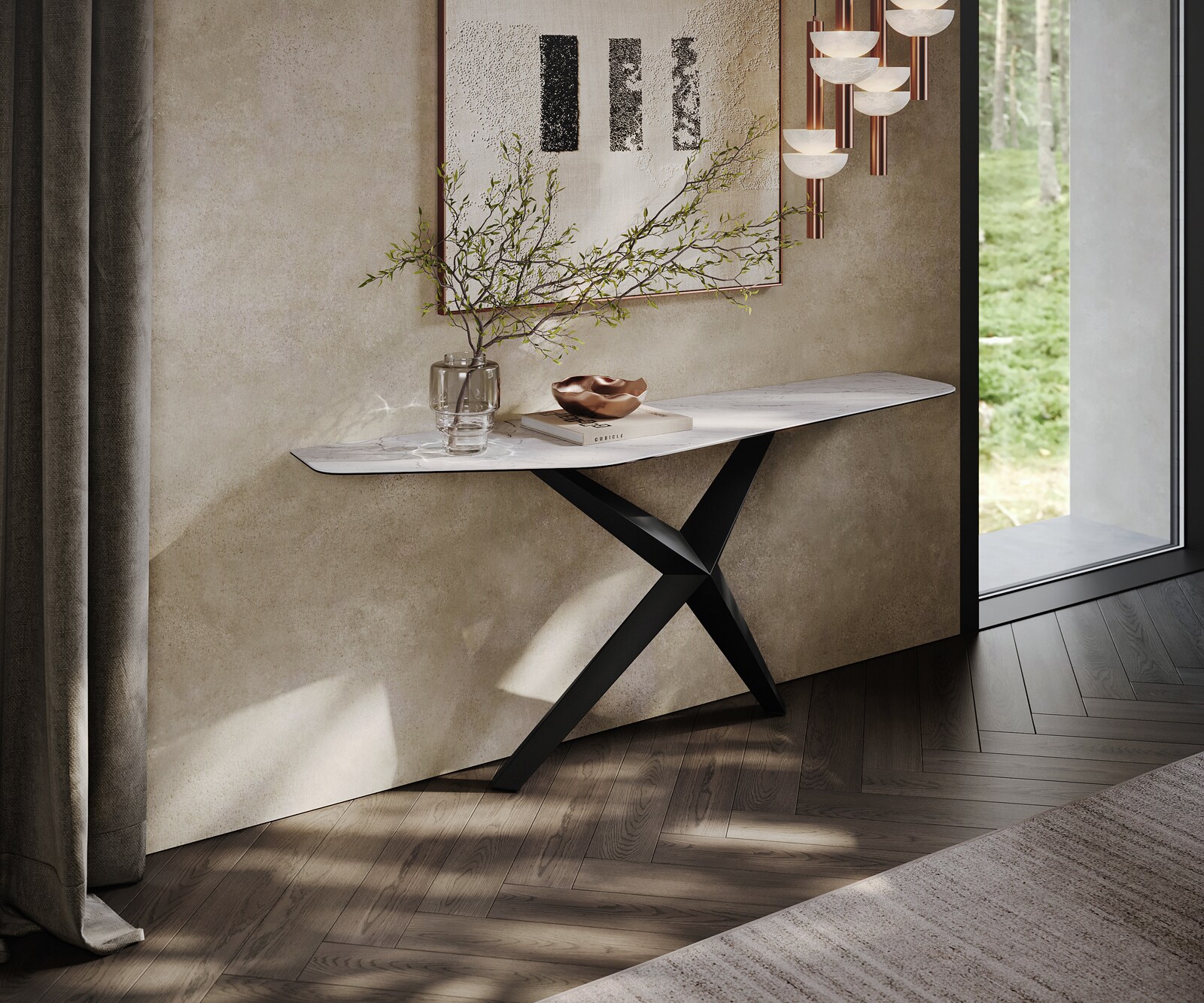 Consoletafel Edge Polygonaal 180x50 cm Keramiek Laminam® Statuarietto Weiß Zentharo Metaal Zwart 4