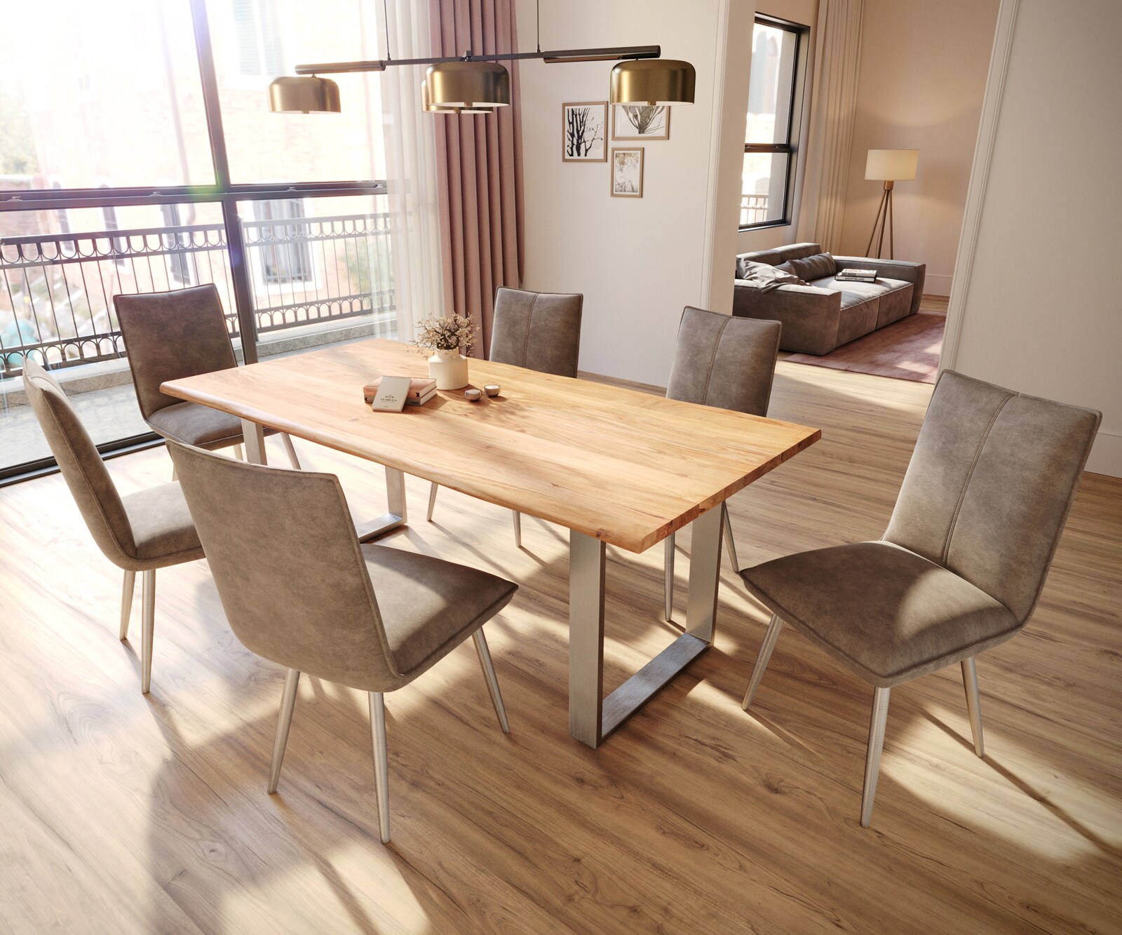 Eetkamerstoel Lelio-Flex microvelours taupe vintage 4-poot conisch roestvrij staal pocketveer kern 4