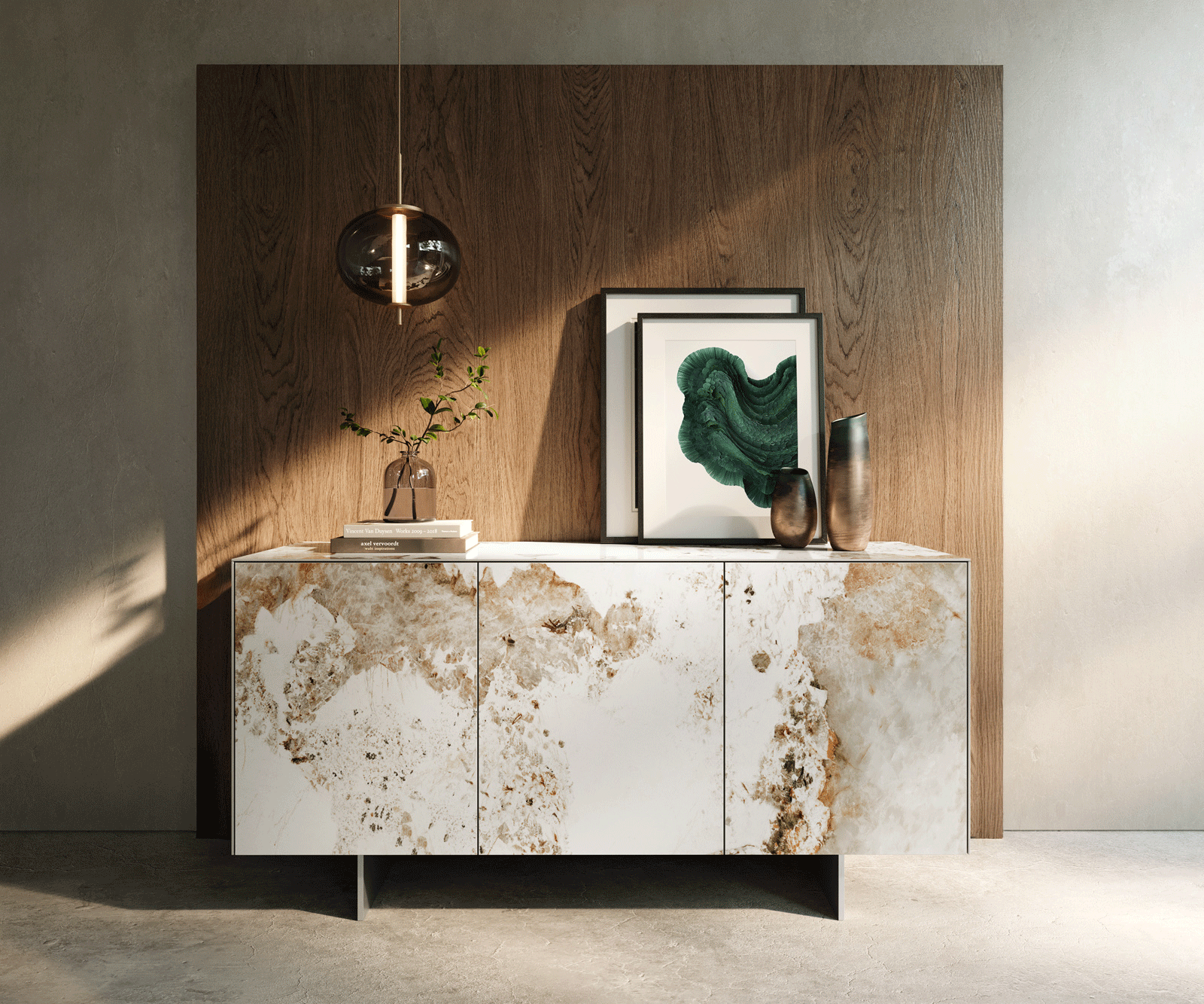 Dressoir Cuor 150 cm Keramiek Minas Melange Wit-beige 3 Deuren Zwevende voet look Roestvrij staal 2