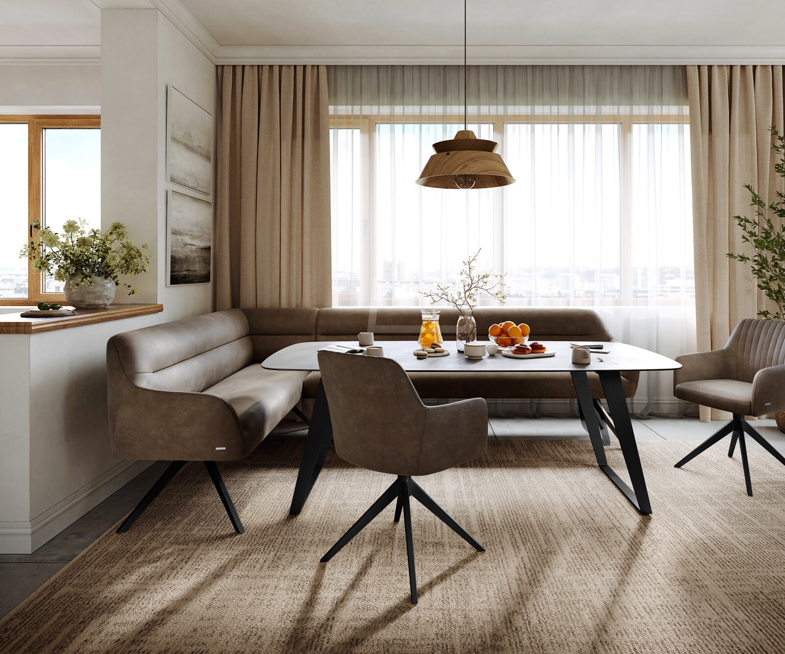 Eetkamerbank Taya-Flex 285x190 cm microvelours taupe vintage hoekig kruisframe zwart pocketvering rechts 2