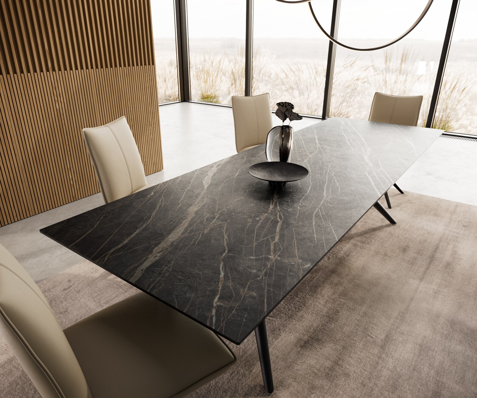 Eetkamertafel Edge 300x100 keramiek Laminam®Noir Desir bruin Estelar rond  metaal zwart 3