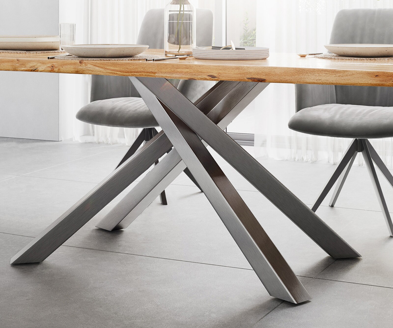 Eettafel Edge 200x100 acacia natuur kruisframe rechthoek roestvrij staal  Live-Edge 4