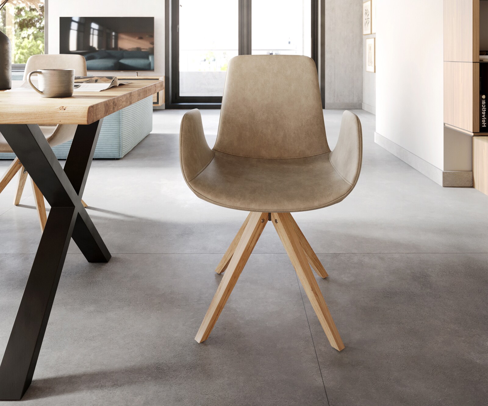 Eetkamerstoel Ilia-Flex met armleuning microvelours beige vintage houten frame hoekig natuur 1 Eetkamerstoel Ilia-Flex met armleuning microvelours beige vintage houten frame hoekig natuur 1