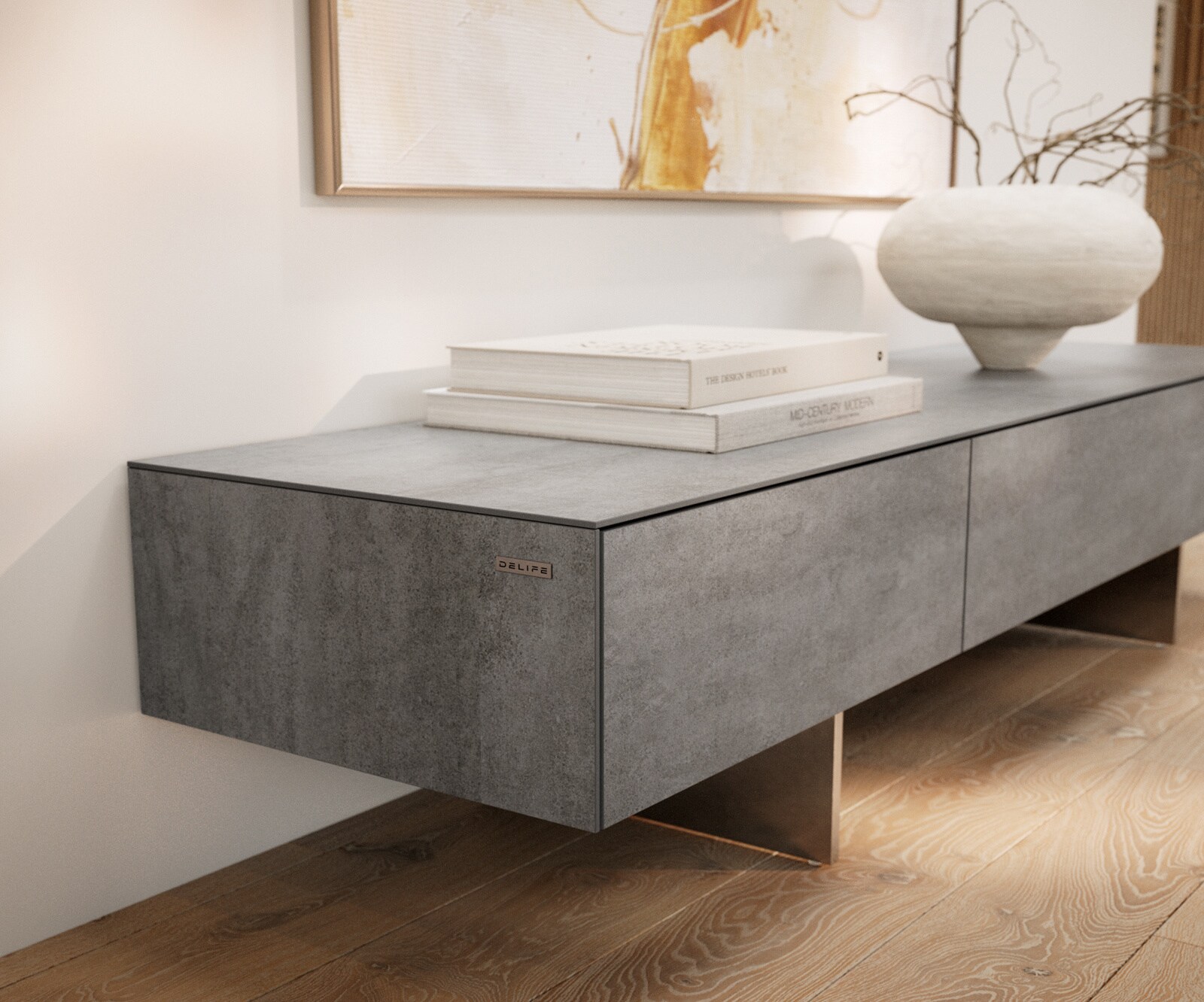 Tv-meubel Cuor 150 cm Keramiek Beton Grijs 1 Flap 1 Laden Zwevende voet look Roestvrij staal 6