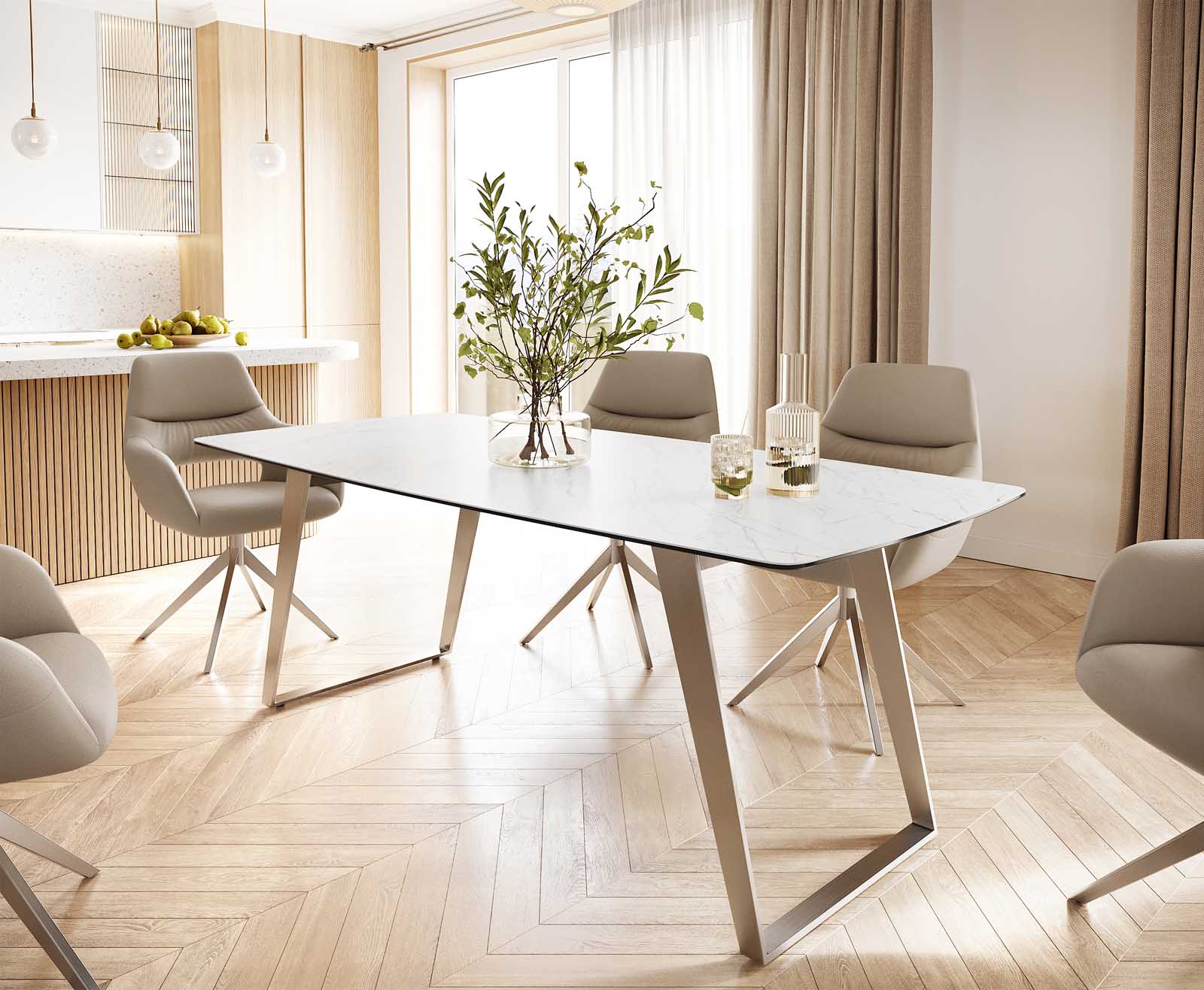 Eettafel Edge Bootsform 200x100 keramiek Laminam® Statuarietto wit roestvrij staal hoekig Eettafel Edge Bootsform 200x100 keramiek Laminam® Statuarietto wit roestvrij staal hoekig